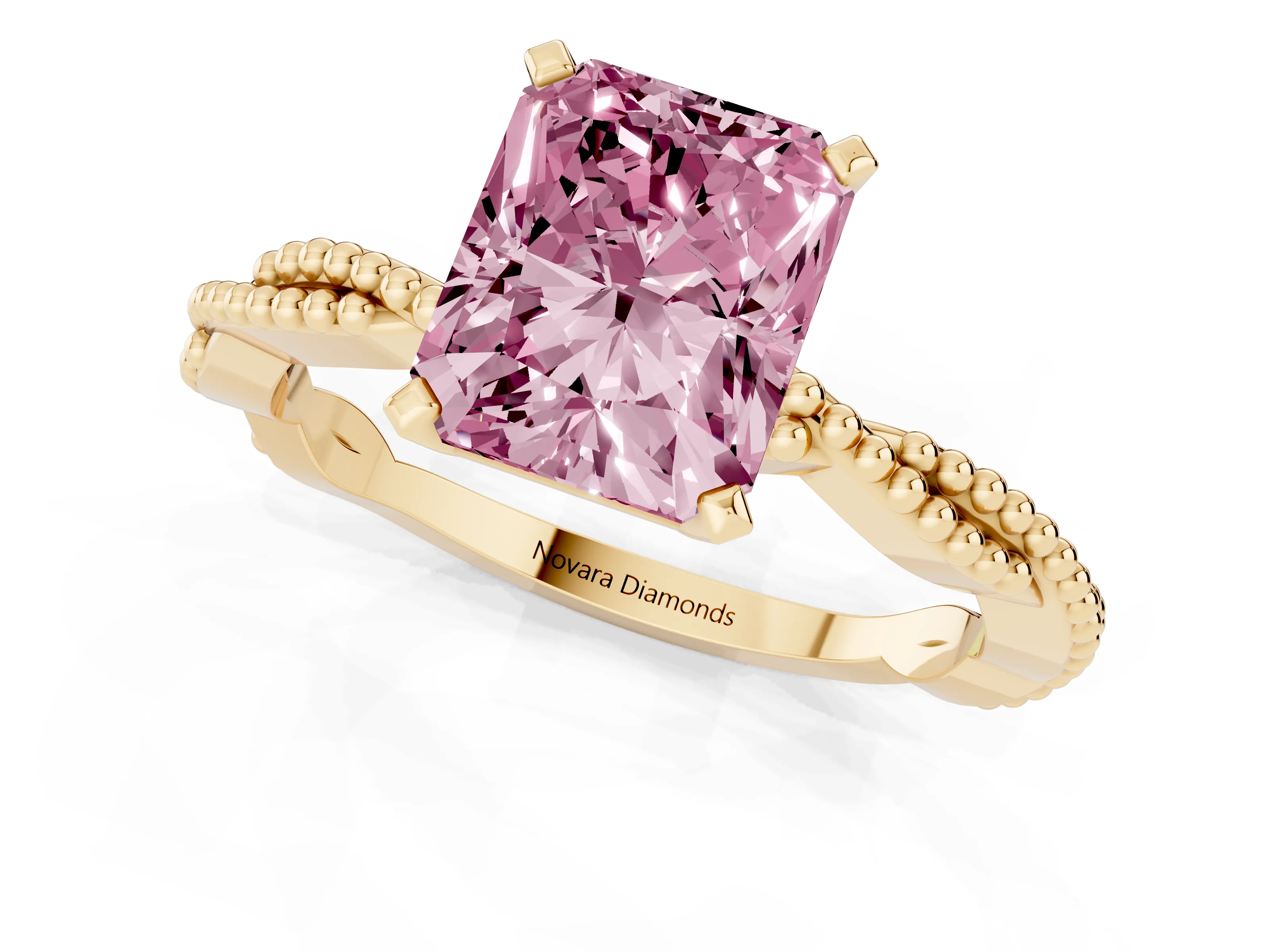 Fancy Pink Radiant Cut Diamond Solitaire Ring Set in Yellow gold with Twisted Band and Bead Prong Setting