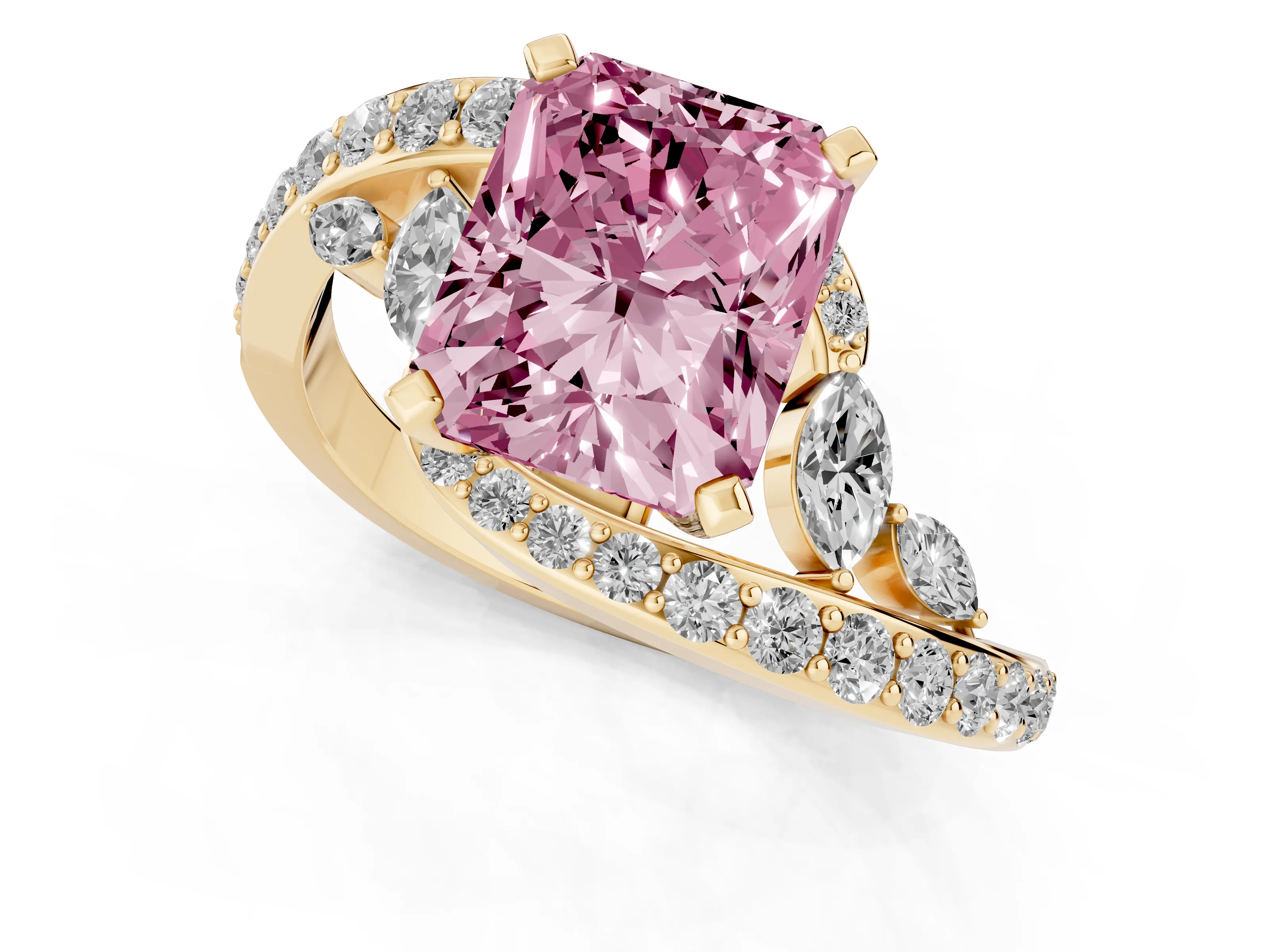 Fancy Pink Radiant Cut Diamond Solitaire Ring Set in Yellow gold with Pavé Twist Band and Secure Prong Setting