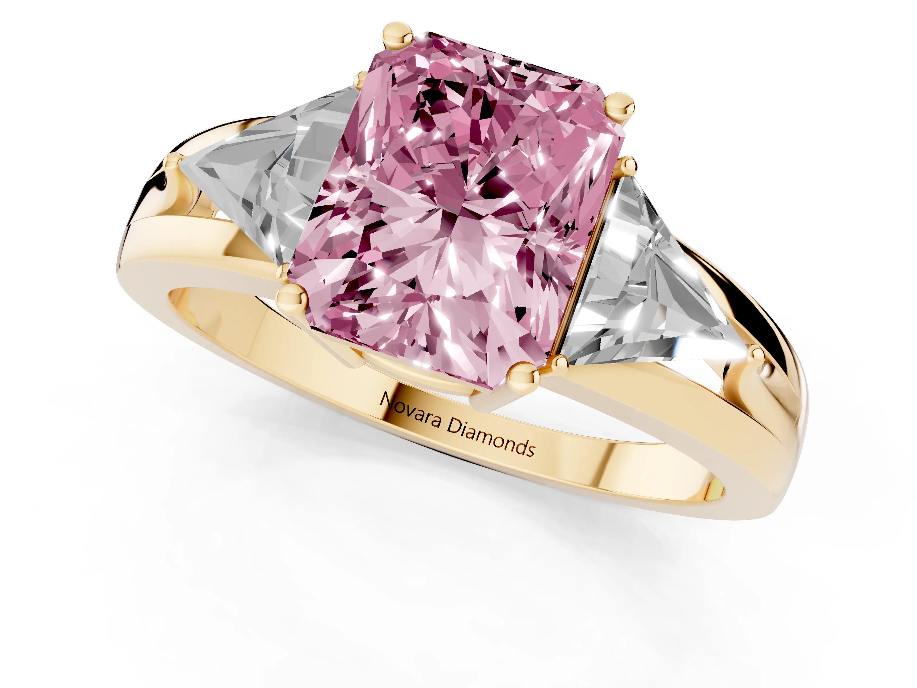 Fancy Pink Radiant Cut Diamond Three-Stone Ring Set in Yellow gold with Trillion Side Stones and Split Shank