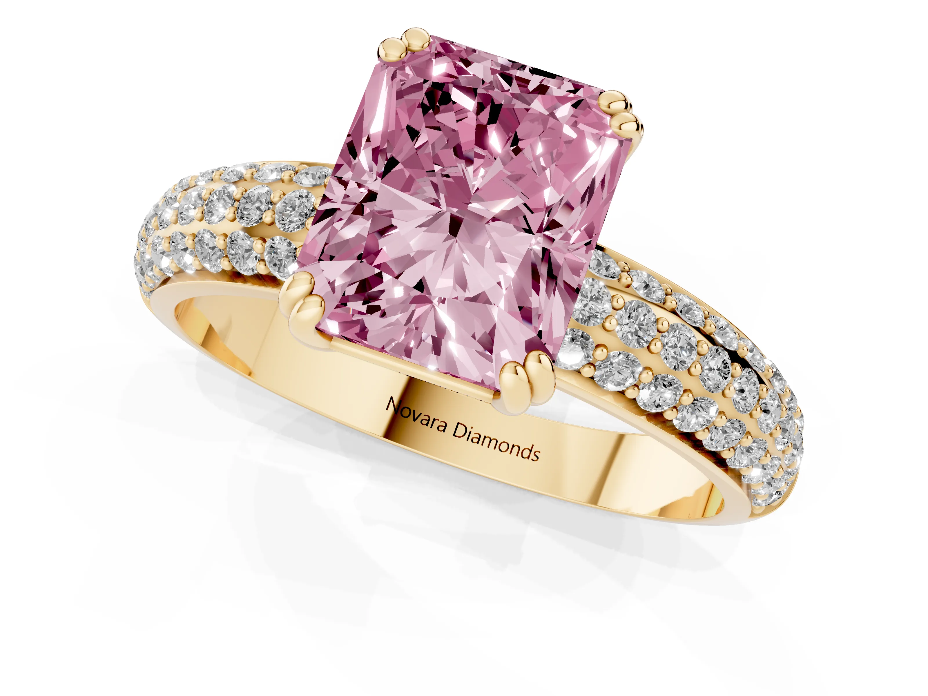 Fancy Pink Radiant Cut Diamond Solitaire Ring Set in Yellow gold with Multi-Row Round Pavé Band and Prong Setting