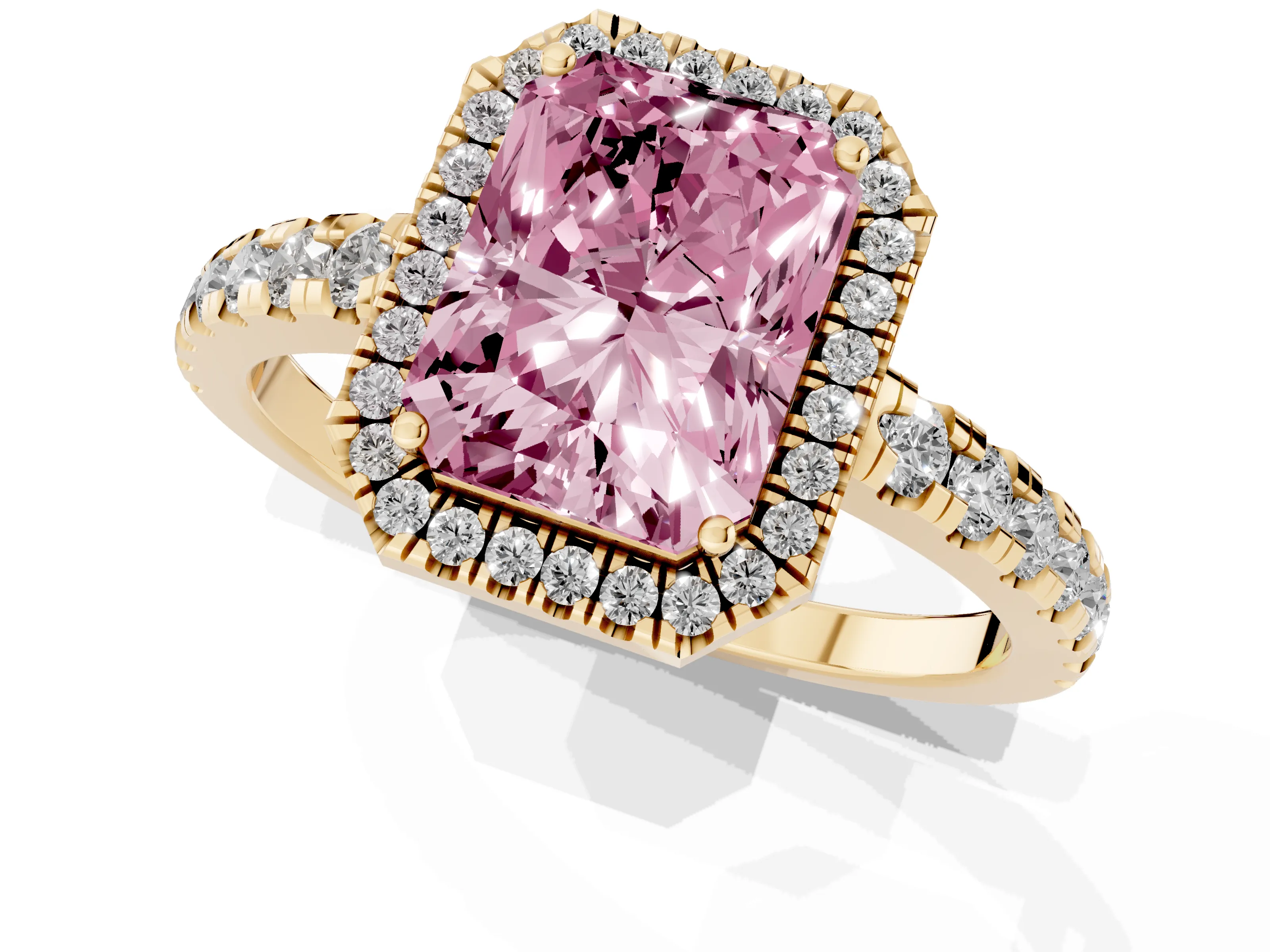 Fancy Pink Radiant Cut Diamond Halo Ring Set in Yellow gold with Delicate Pavé Band and Prong Setting
