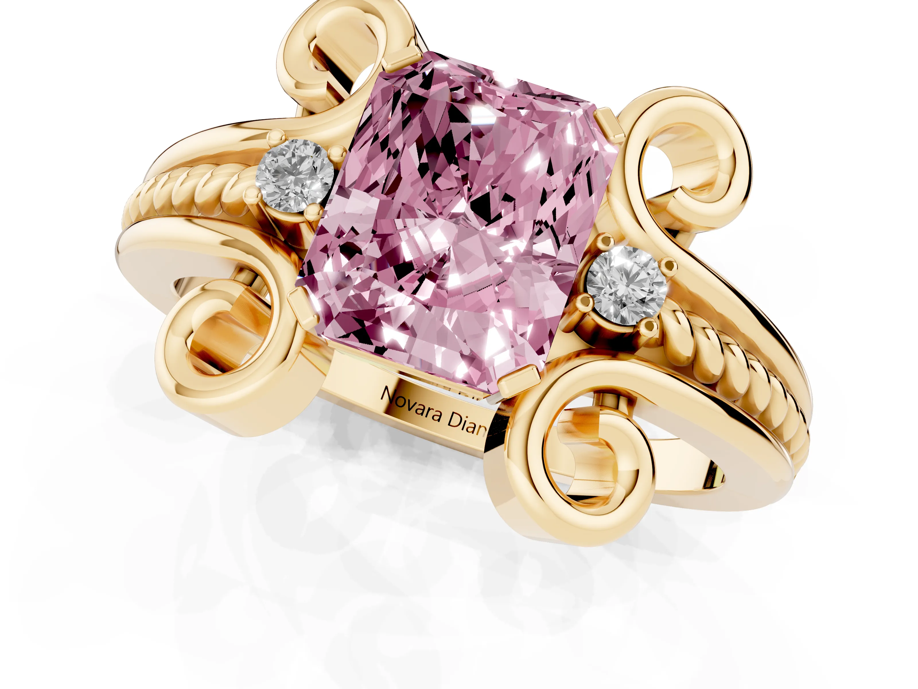 Fancy Pink Radiant Cut Diamond Twisted Band Solitaire Ring Set in Yellow gold with Scroll Prongs
