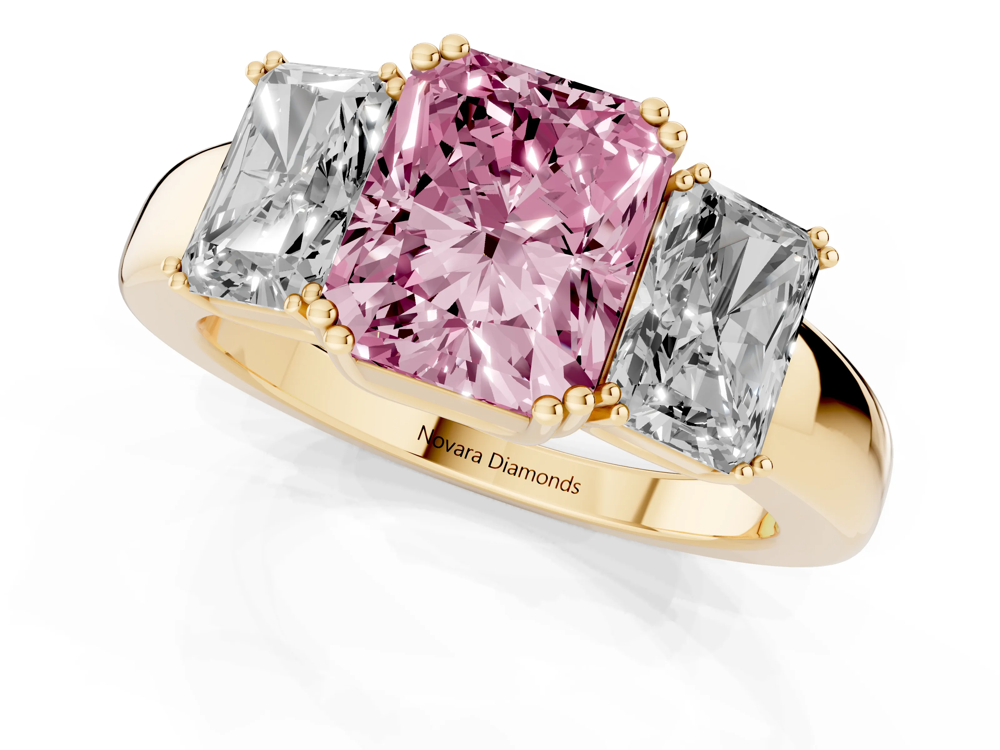 Fancy Pink Radiant Cut Diamond Three-Stone Ring Set in Yellow gold with Polished Channel-Set Band