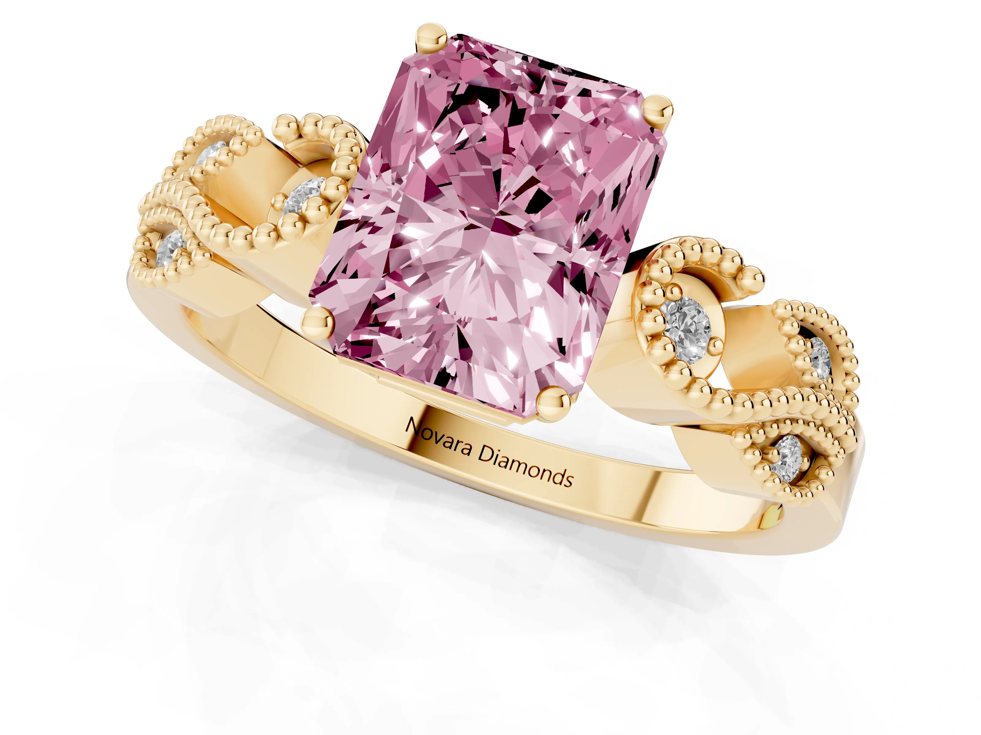 Fancy Pink Radiant Cut Diamond Milgrain Leaf Band Solitaire Ring Set in Yellow gold with Accent Stones and Prong Setting