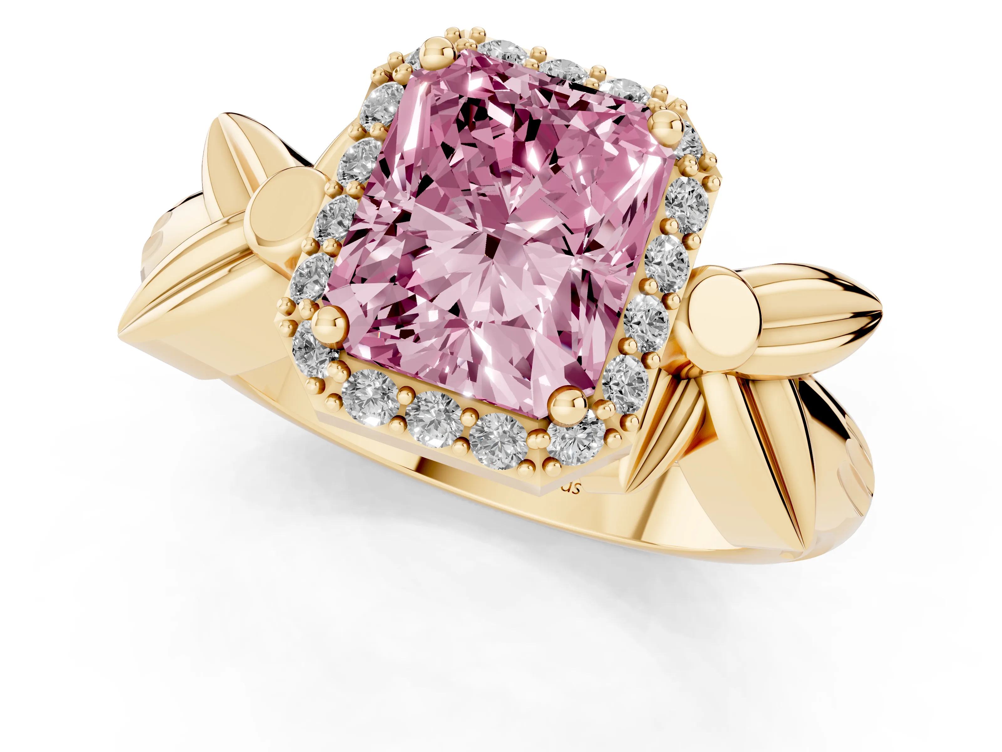 Fancy Pink Radiant Cut Diamond Halo Floral Band Ring Set in Yellow gold with Prong Setting