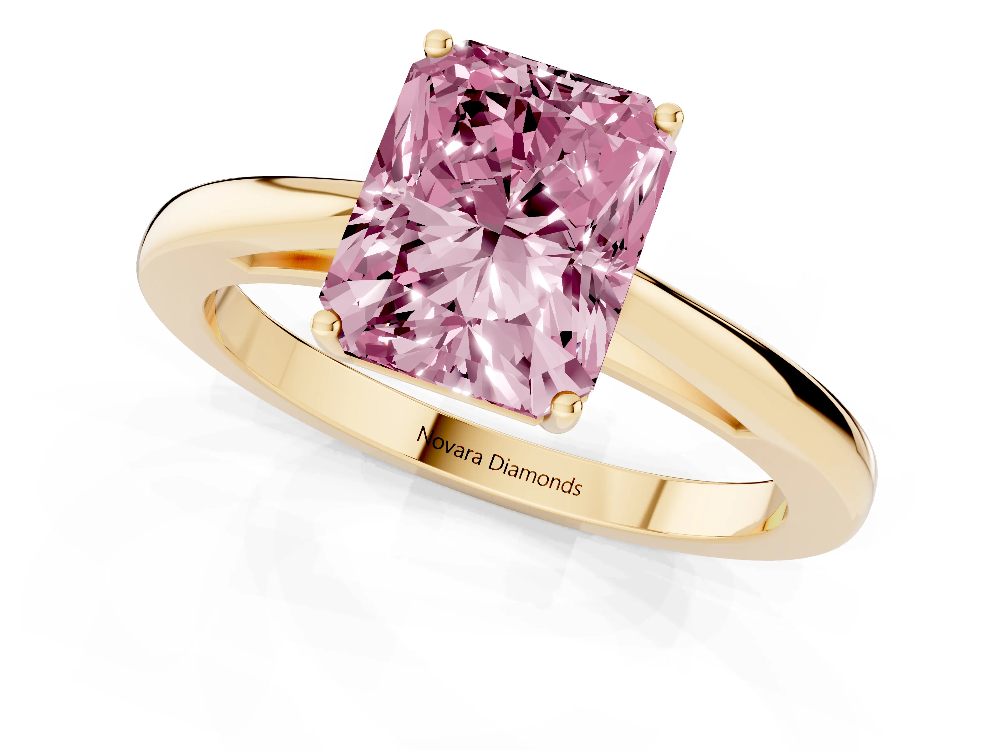 Fancy Pink Radiant Cut Diamond Solitaire Ring Set in Yellow gold with Split Shank and Prong Setting