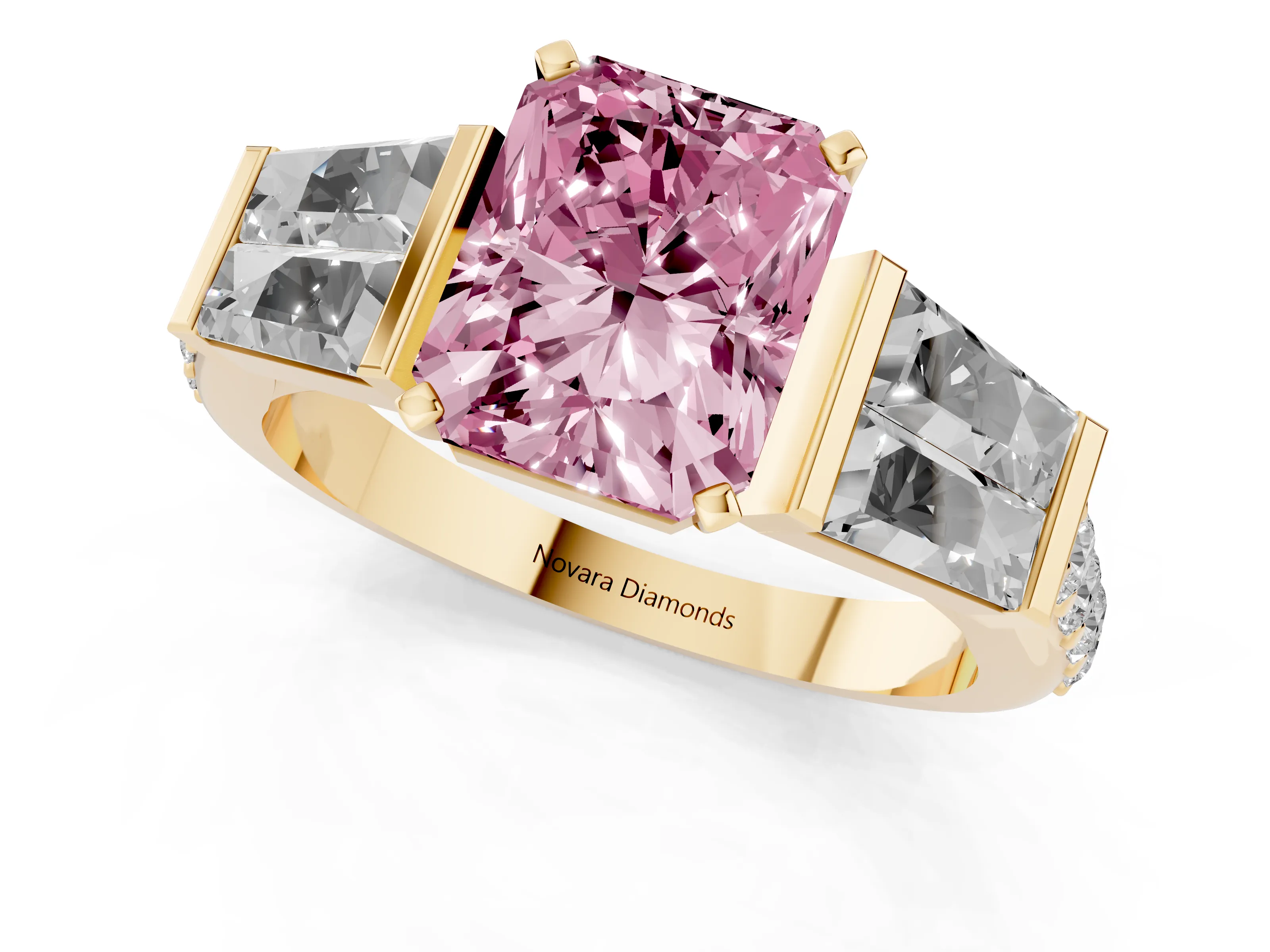 Fancy Pink Radiant Cut Diamond Engagement Ring Set in Yellow gold with Baguette Side Stones and Channel Set Band