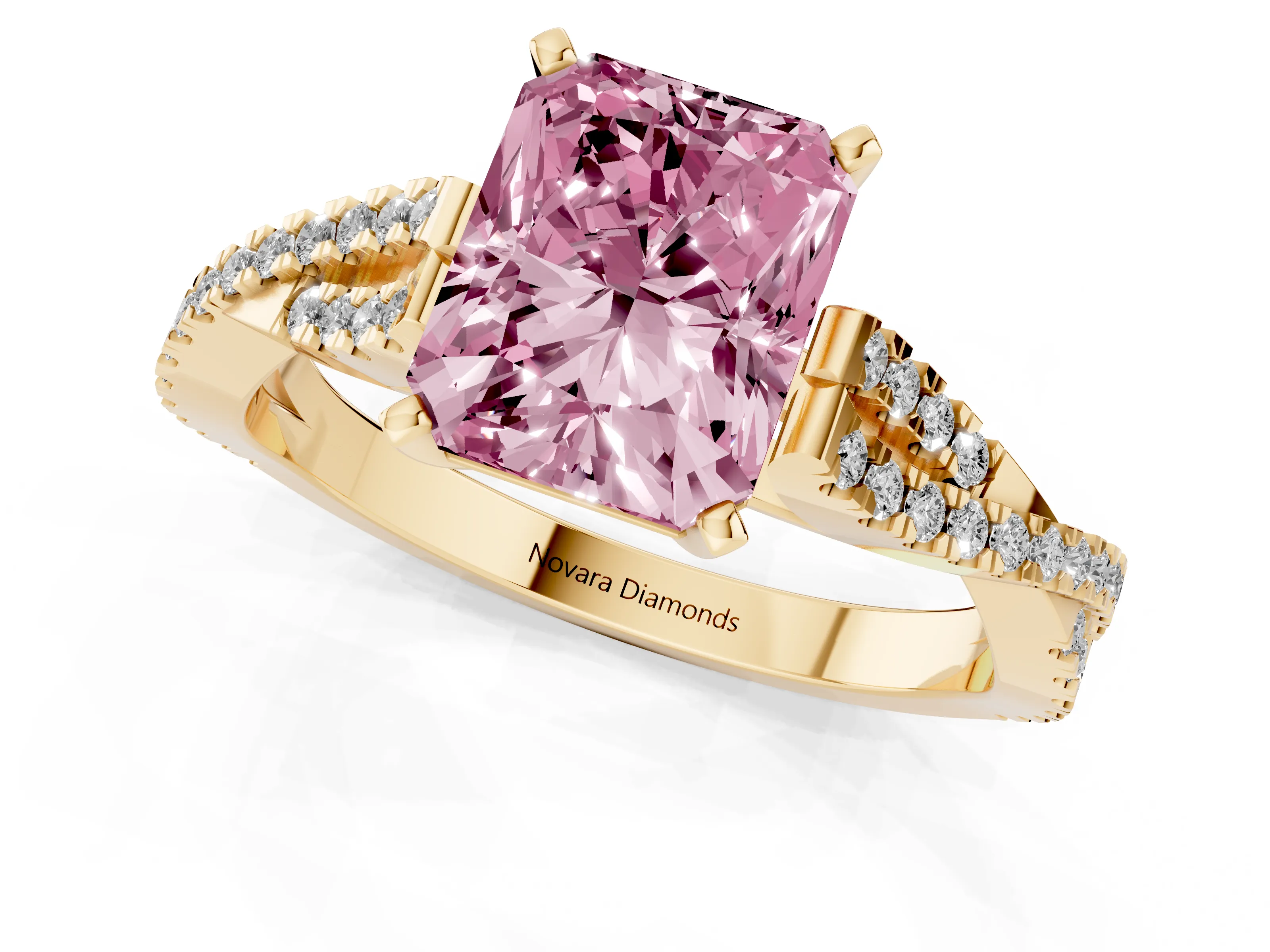Fancy Pink Radiant Cut Diamond Solitaire Engagement Ring Set in Yellow gold with Twisted Pavé Band and Prong Setting