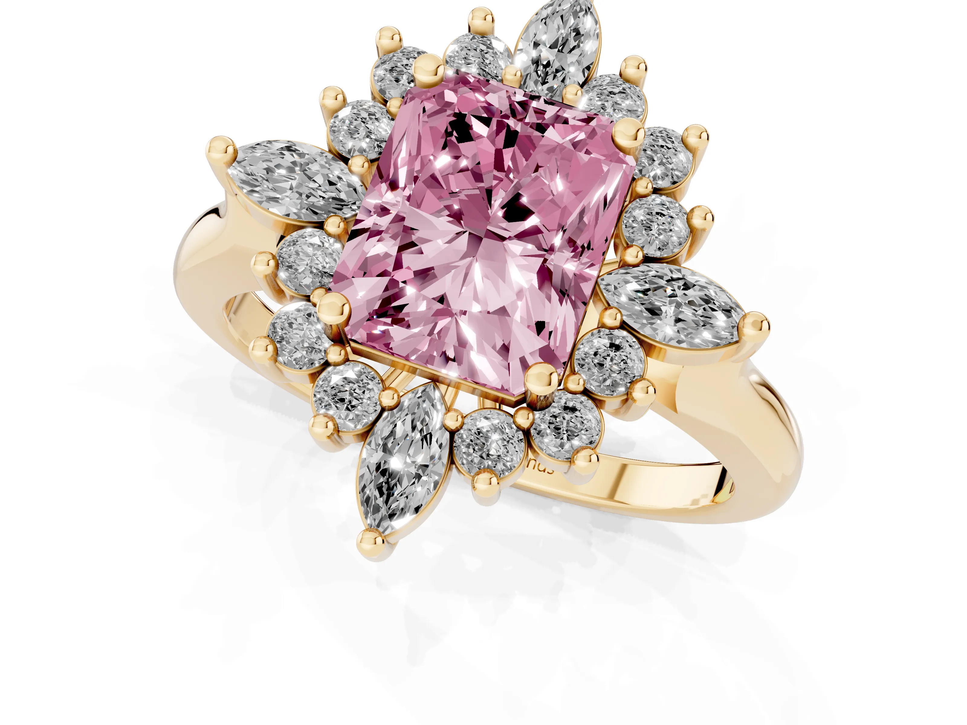 Fancy Pink Radiant Cut Diamond Cluster Halo Ring Set in Yellow gold with Marquise and Round Accents