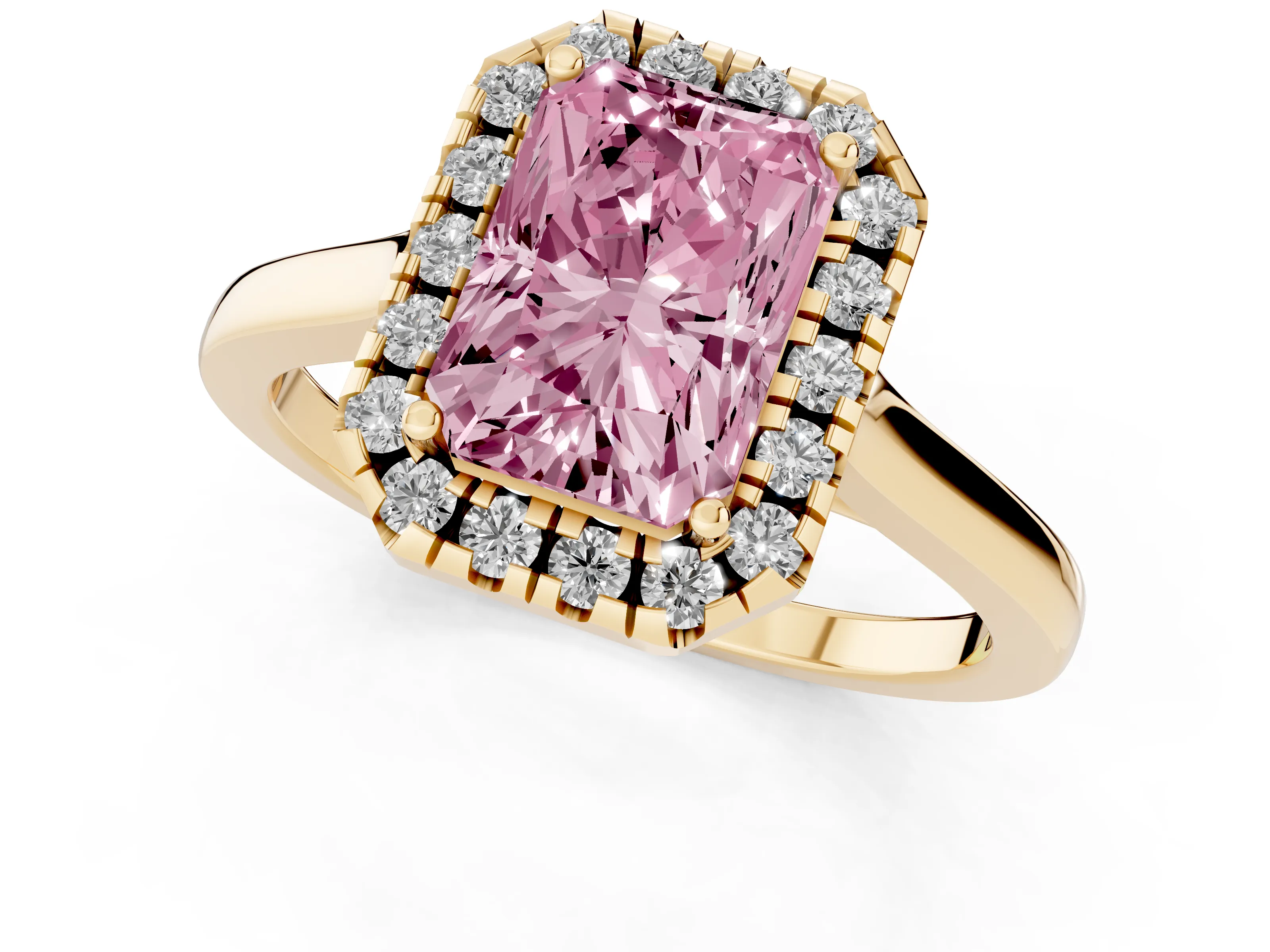 Fancy Pink Radiant Cut Halo Round Diamond Solitaire Ring Set in Yellow gold with Pavé Band and Prong Setting