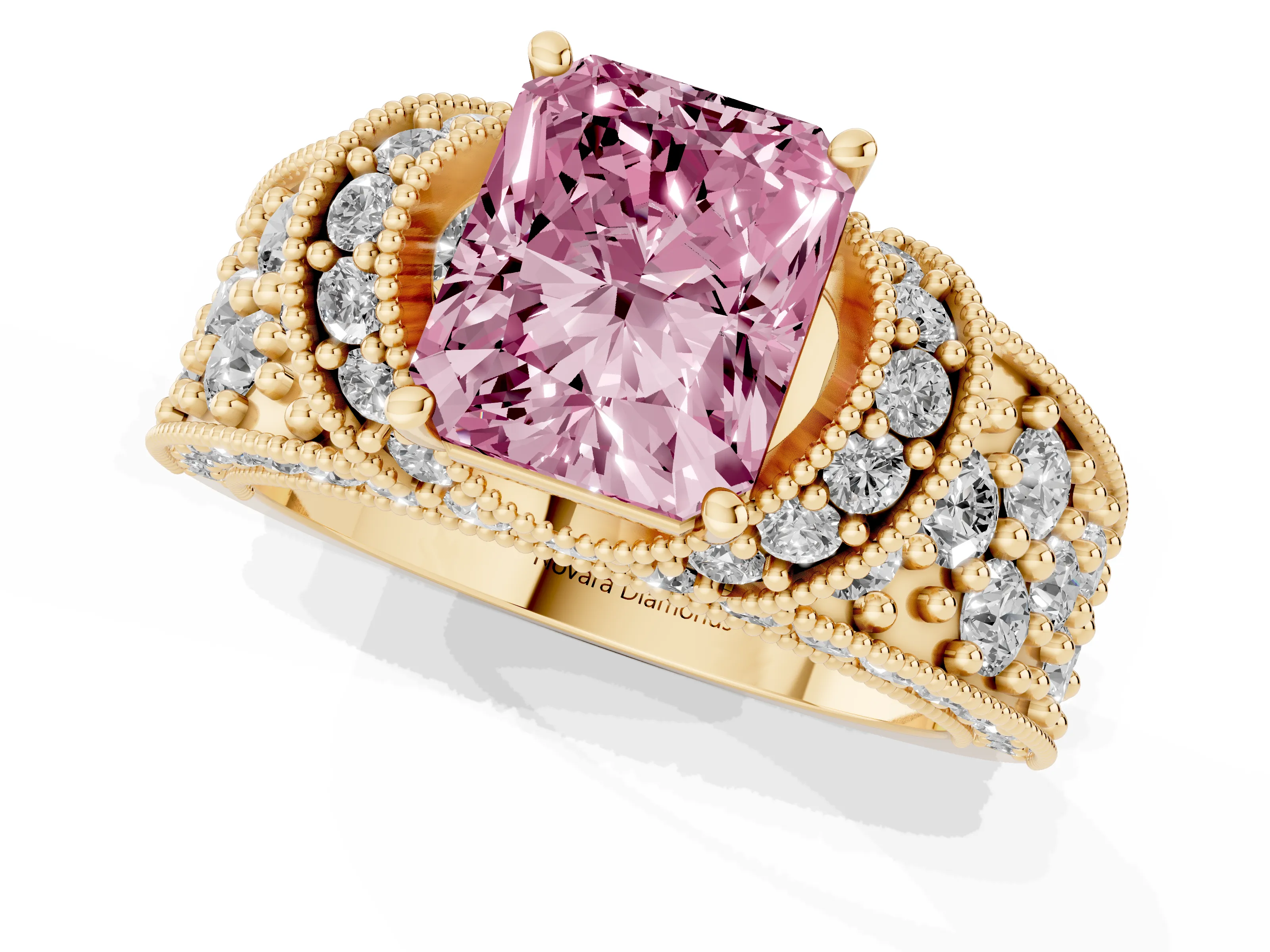 Fancy Pink Radiant Cut Diamond Milgrain Halo Pavé Engagement Ring Set in Yellow gold with Prong Setting