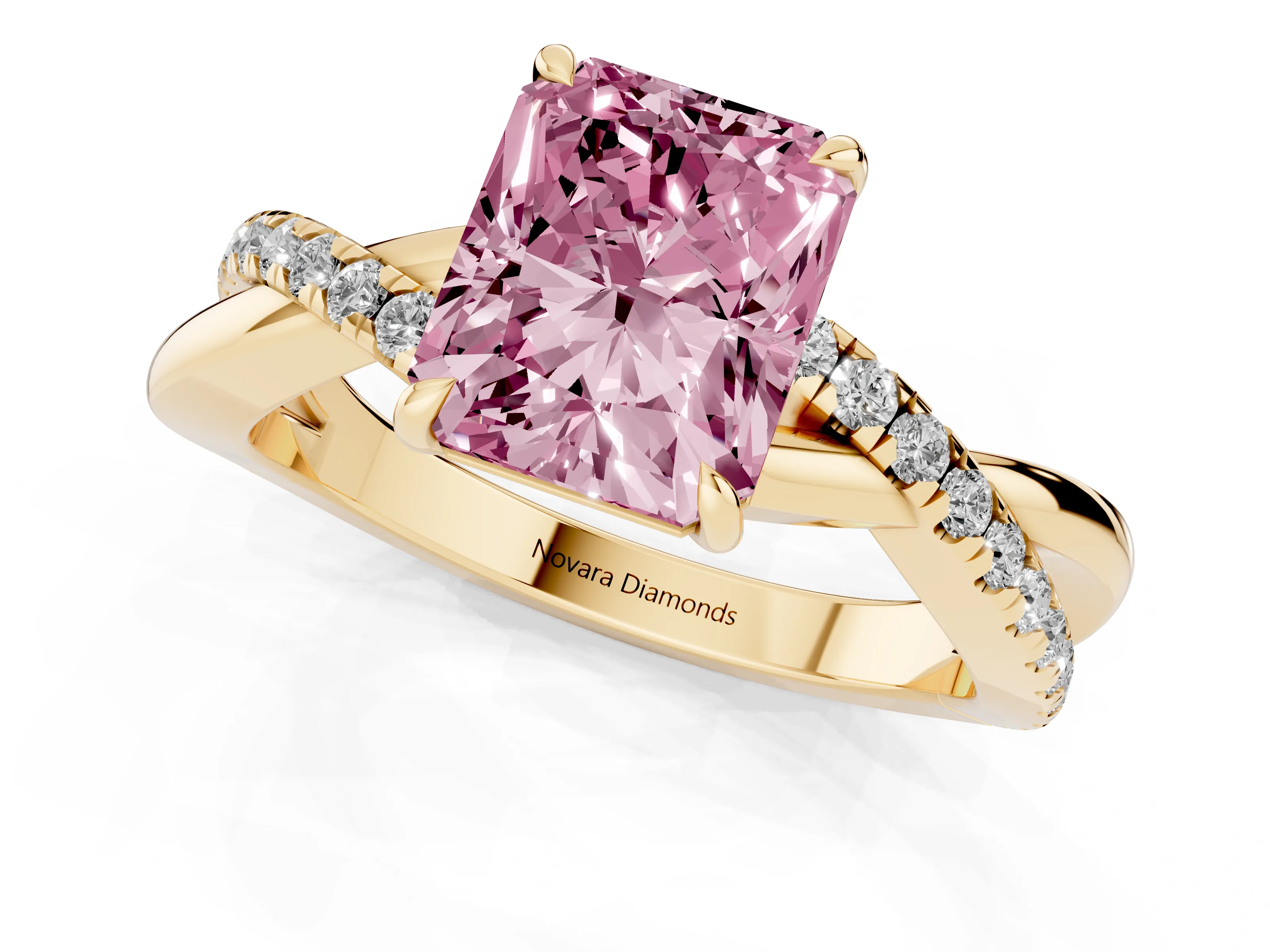 Fancy Pink Radiant Cut Diamond Twisted Pavé Band Ring Set in Yellow gold with Prong Setting