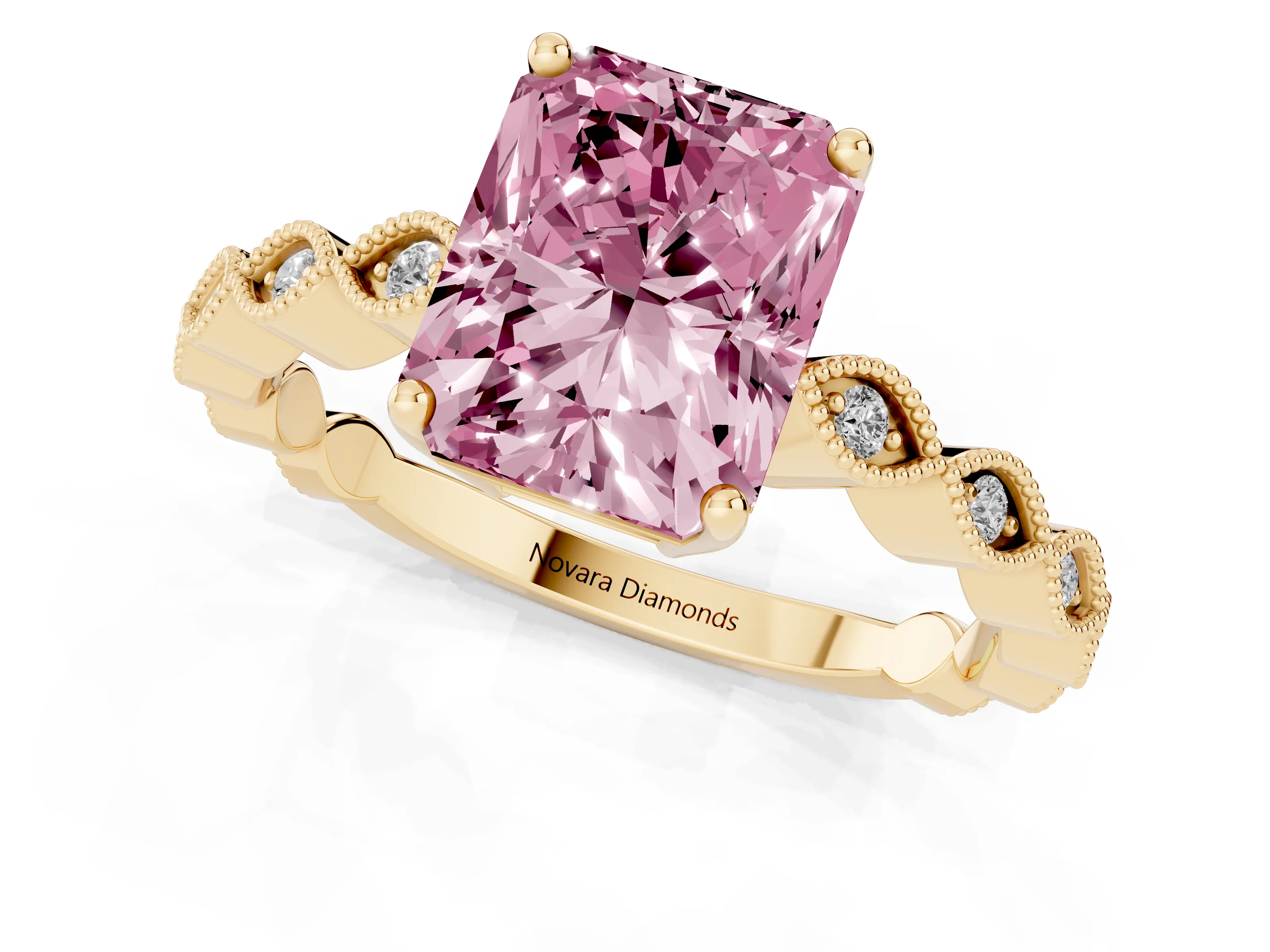 Fancy Pink Radiant Cut Diamond Solitaire Ring Set in Yellow gold with Infinity Twist Pavé Band