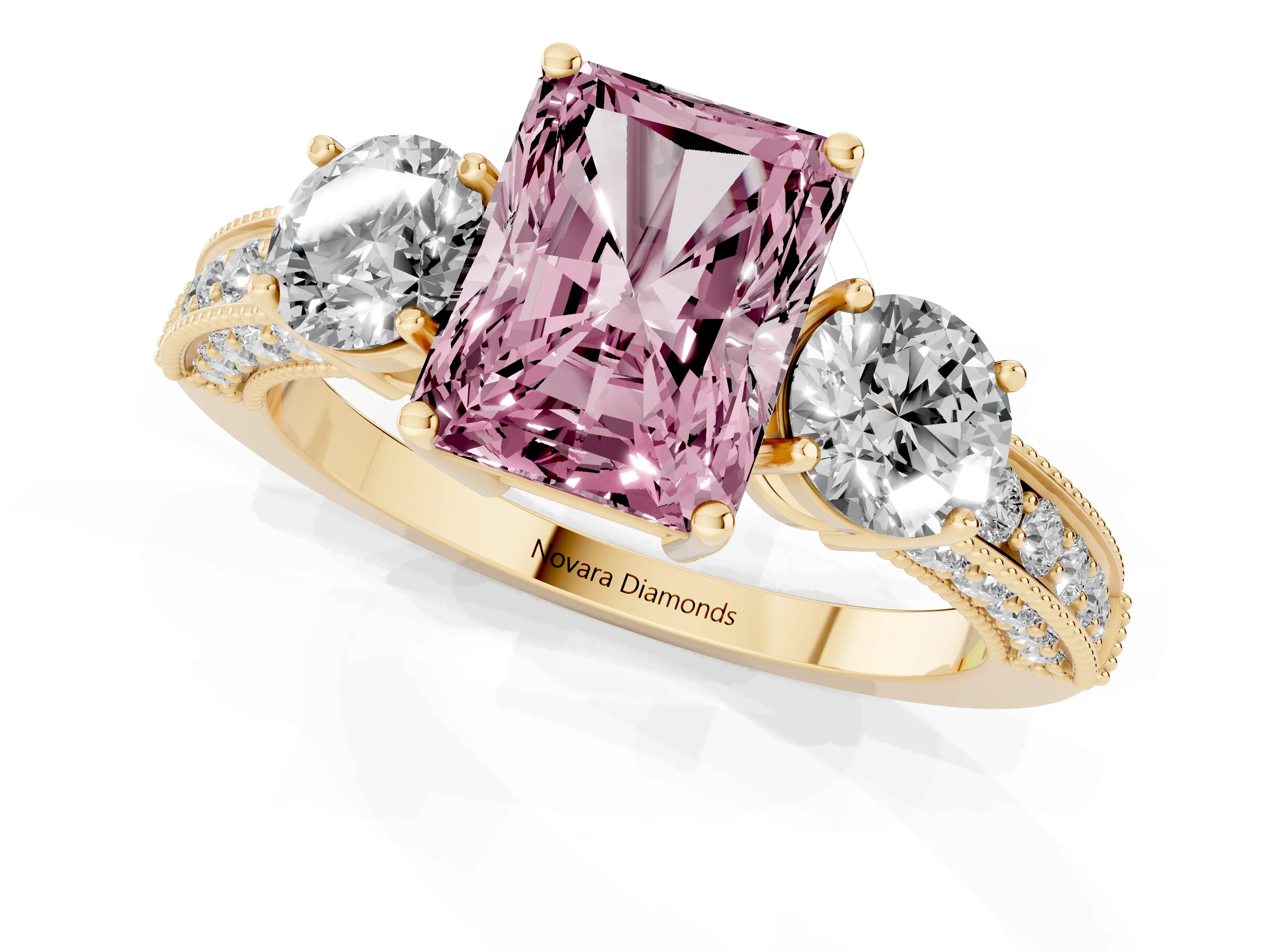Fancy Pink Radiant Cut Diamond Three-Stone Ring Set in Yellow gold with Round Side Stones and Pavé Band