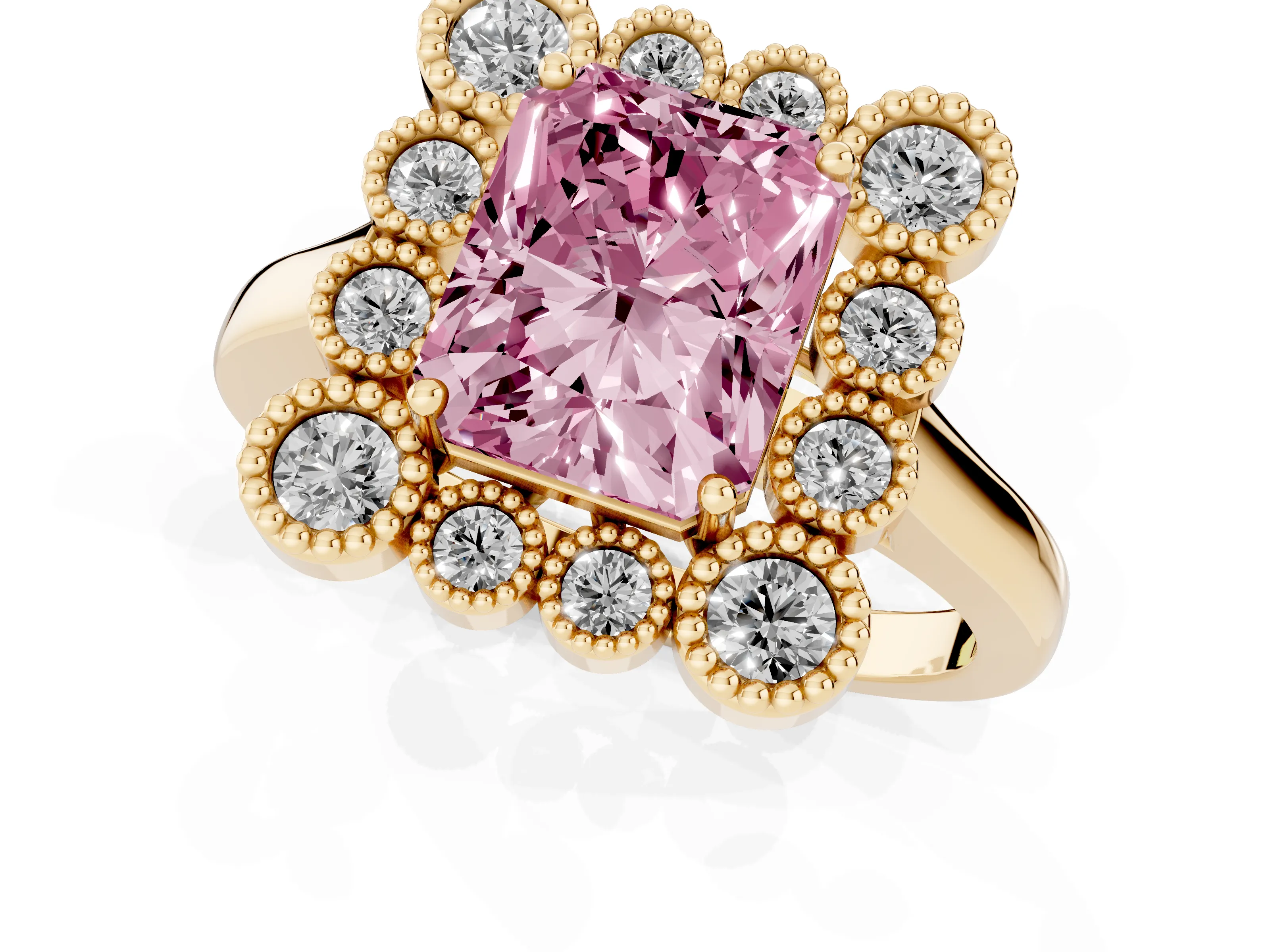 Fancy Pink Radiant Cut Diamond Cluster Halo Ring Set in Yellow gold with Milgrain Bezel Accents and Plain Band