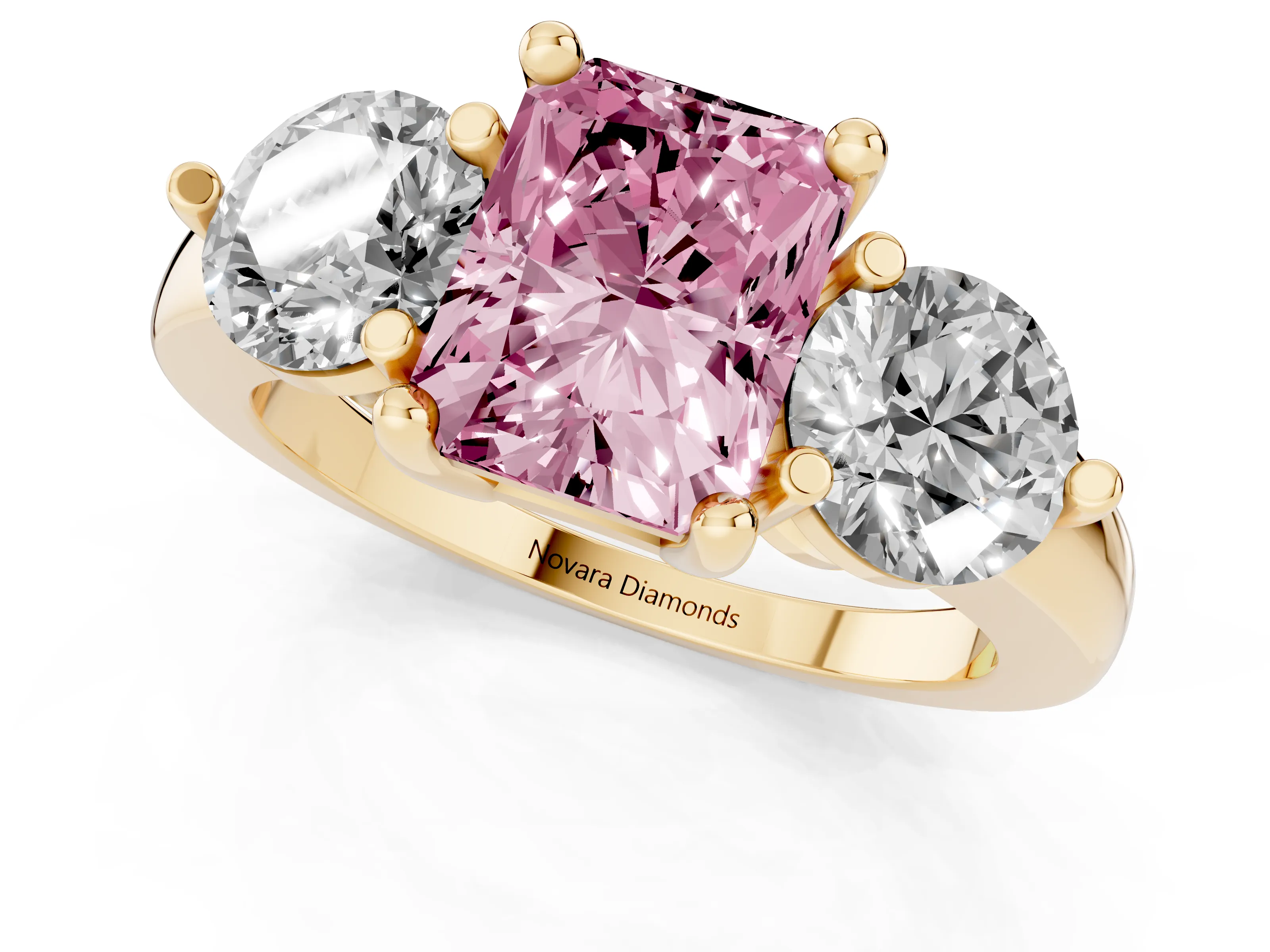 Fancy Pink Radiant Cut Diamond Three-Stone Ring Set in Yellow gold with Prong Setting and Classic Band