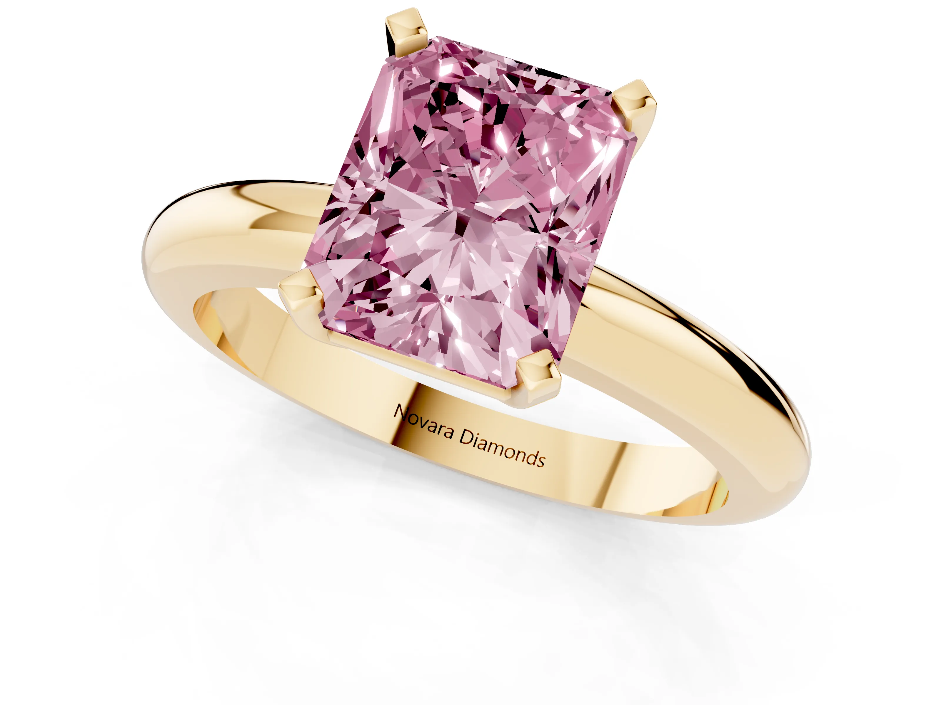Fancy Pink Radiant Cut Diamond Solitaire Engagement Ring Set in Yellow gold with Round Band and Prong Setting