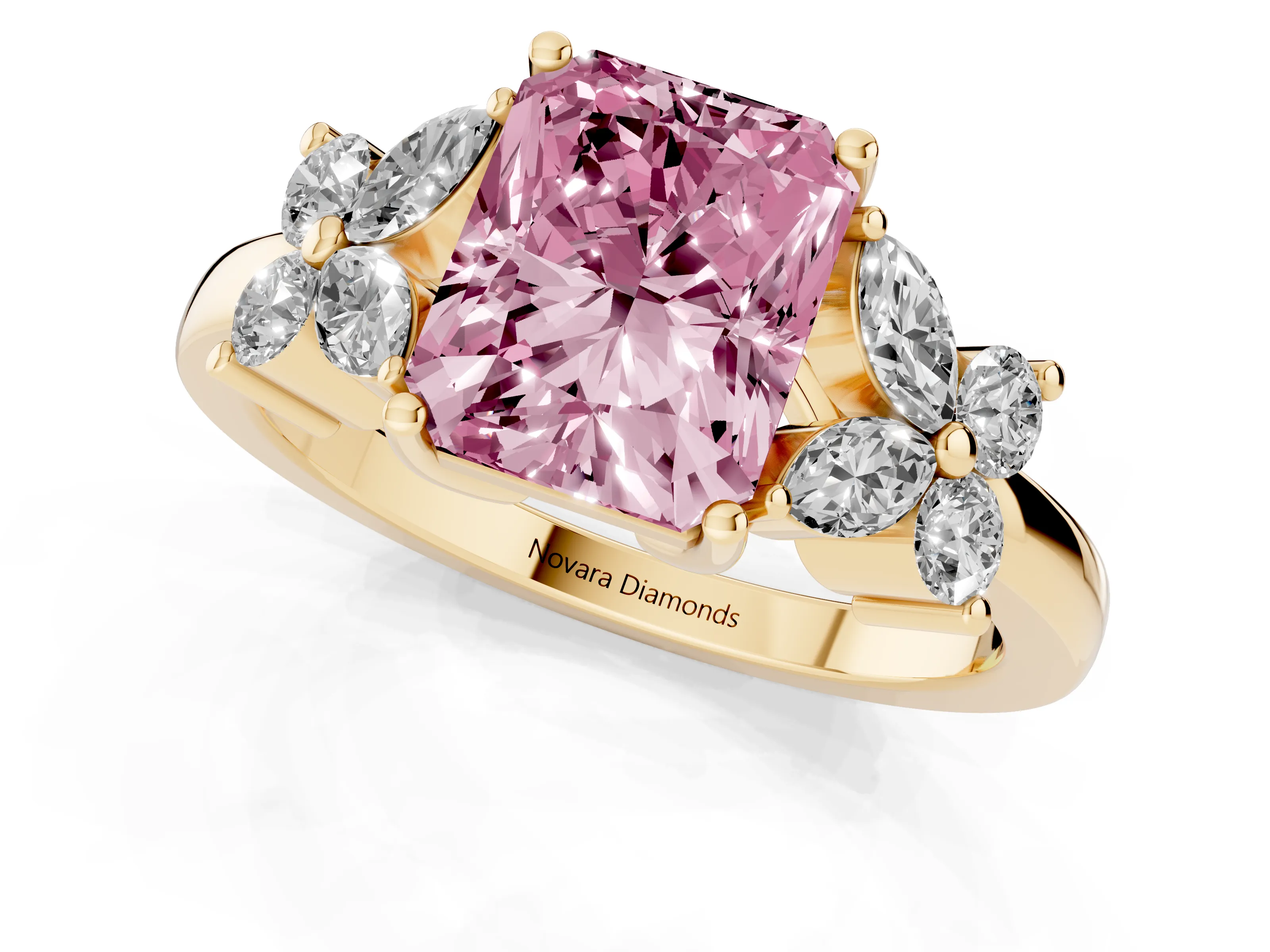 Fancy Pink Radiant Cut Diamond Floral Cluster Ring Set in Yellow gold with Marquise Petals and Prong Setting