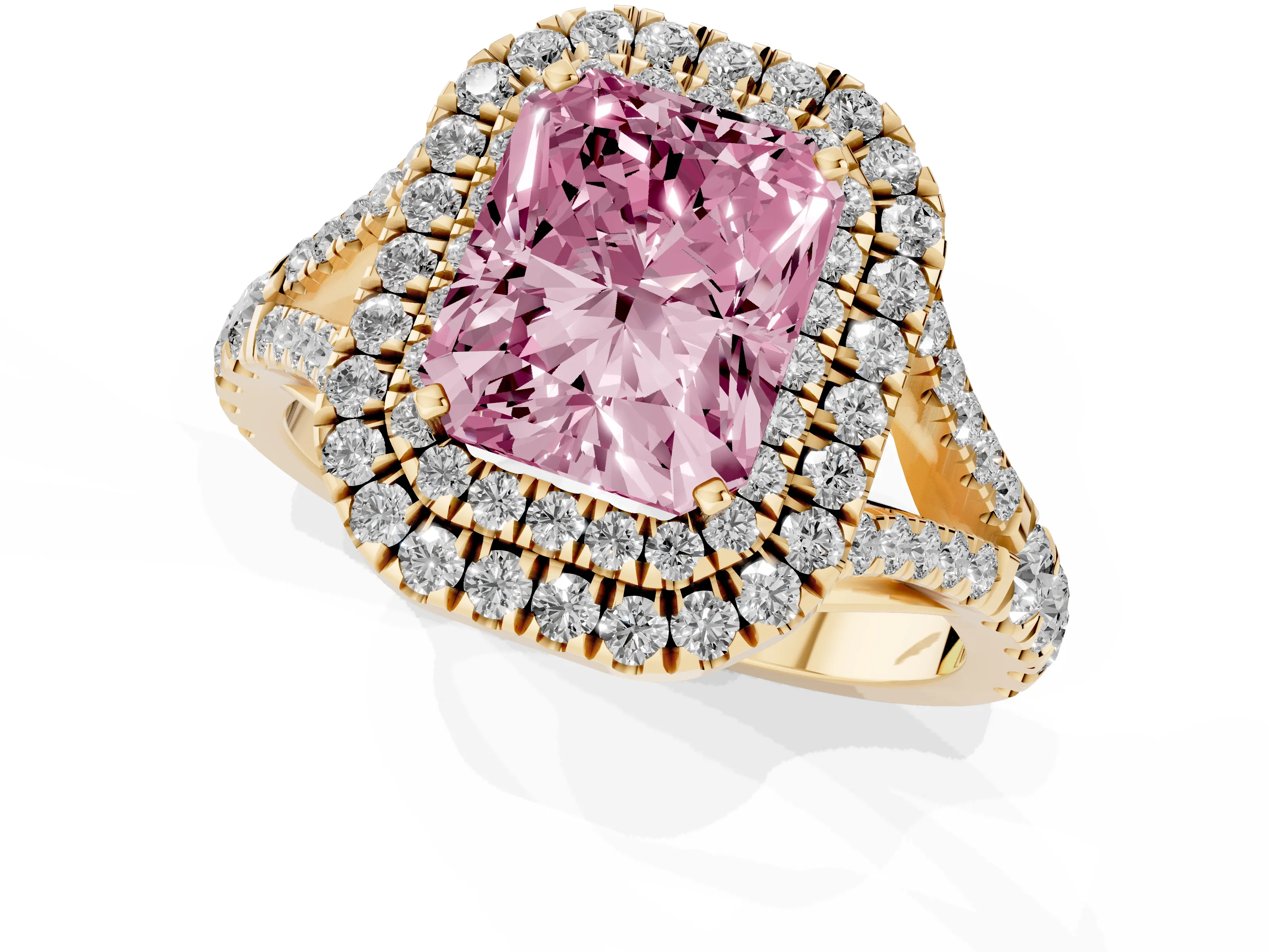 Fancy Pink Radiant Cut Diamond Pavé Split Shank Double Halo Engagement Ring Set in Yellow gold – second view
