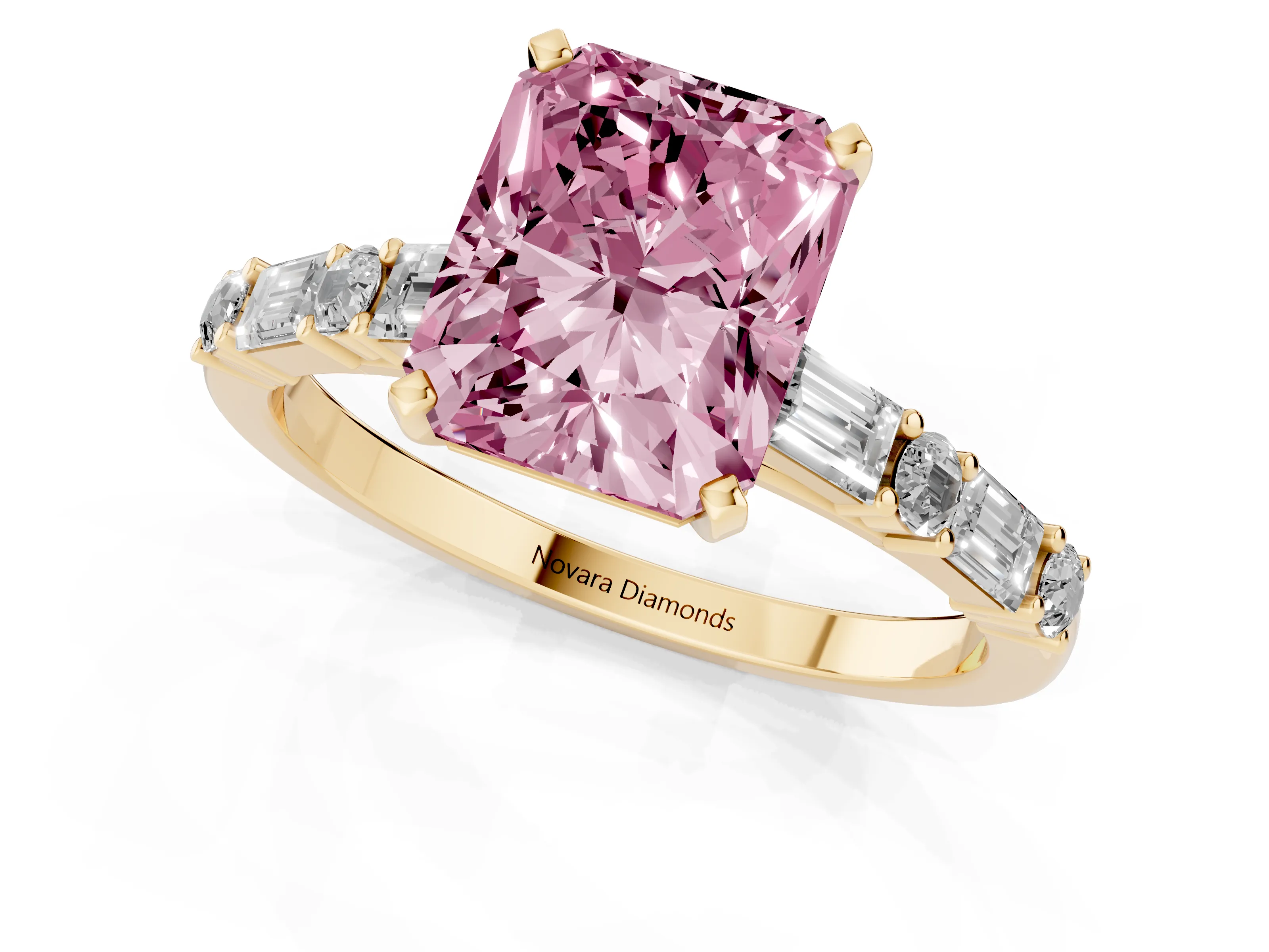 Fancy Pink Radiant Cut Diamond Solitaire Set in Yellow gold with Side Baguettes and Channel Set Band