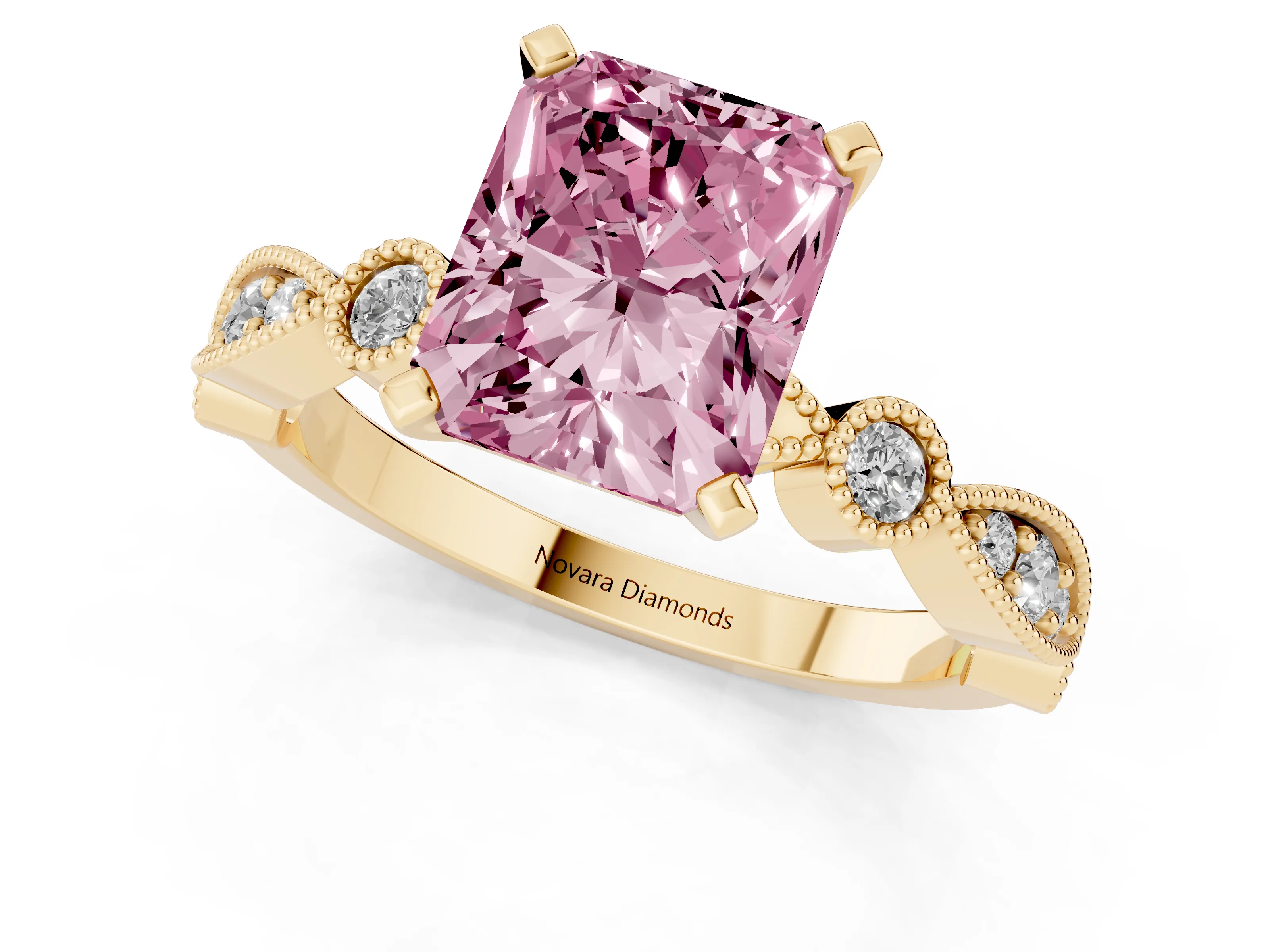 Fancy Pink Radiant Cut Diamond Solitaire Engagement Ring Set in Yellow gold with Milgrain Bezel Accent Band