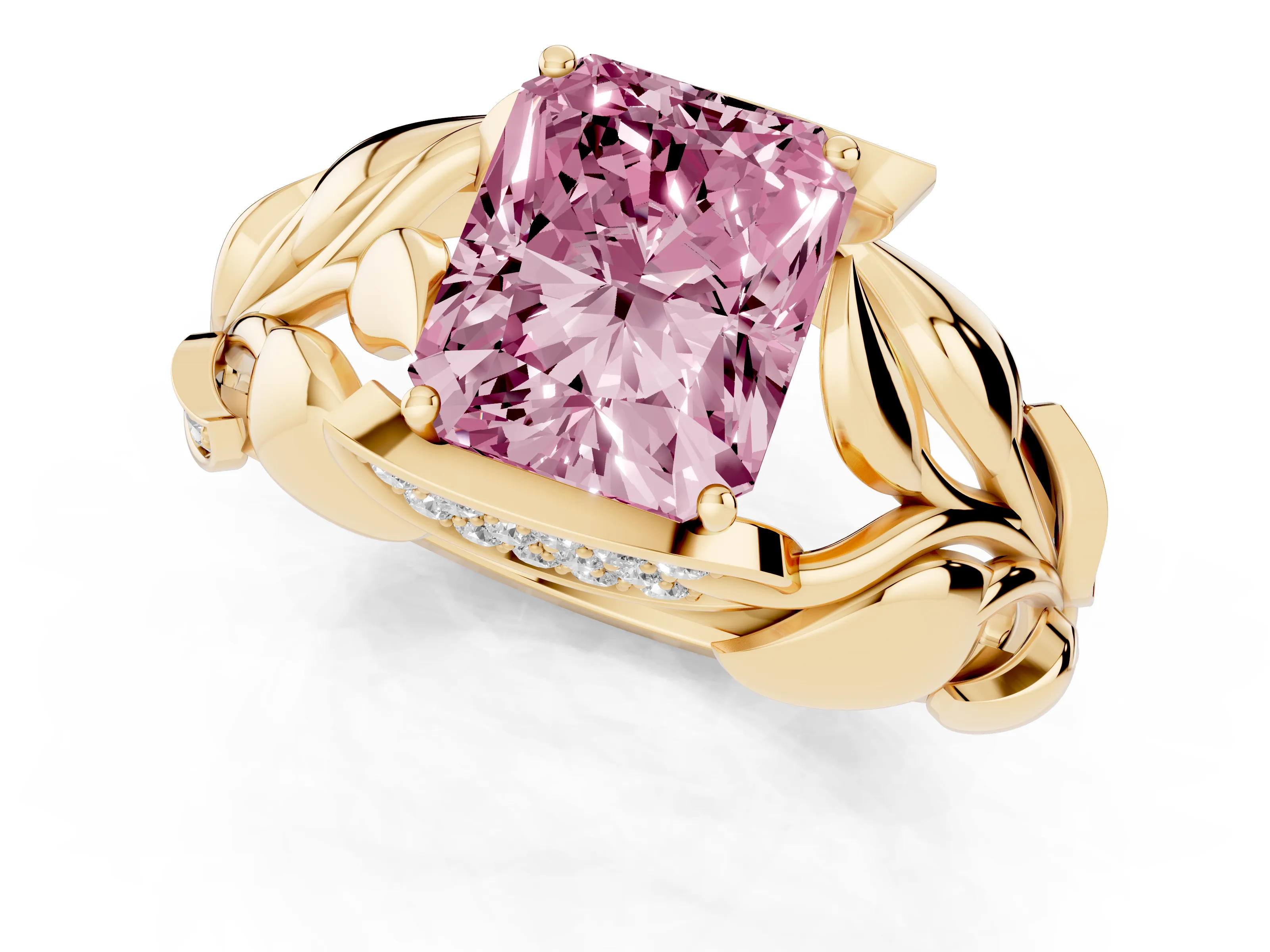 Fancy Pink Radiant Cut Diamond Leaf-Inspired Engagement Ring Set in Yellow gold with Round Accents
