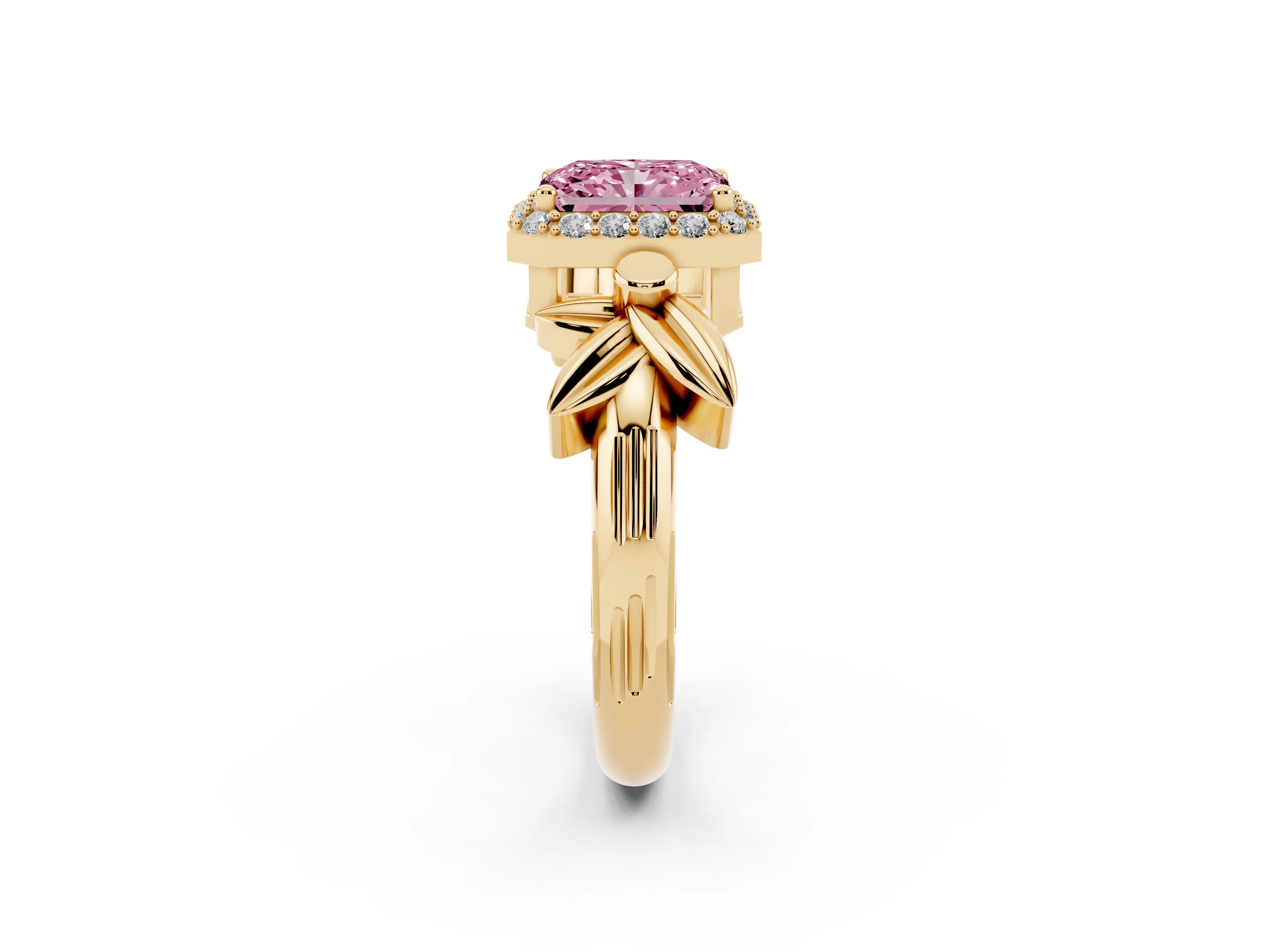 Fancy Pink Radiant Cut Diamond Halo Floral Band Ring Set in Yellow gold with Prong Setting