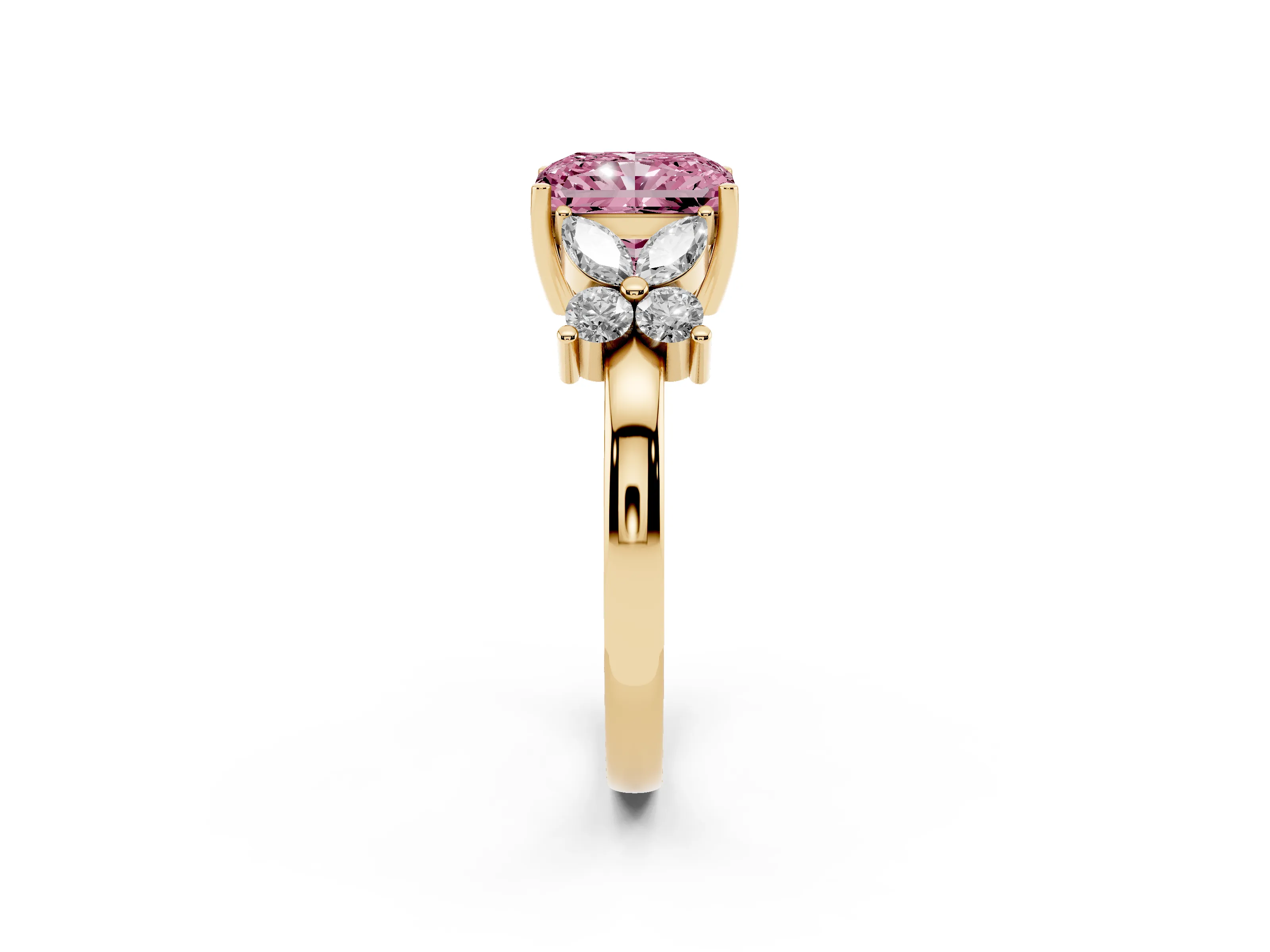 Fancy Pink Radiant Cut Diamond Floral Cluster Ring Set in Yellow gold with Marquise Petals and Prong Setting