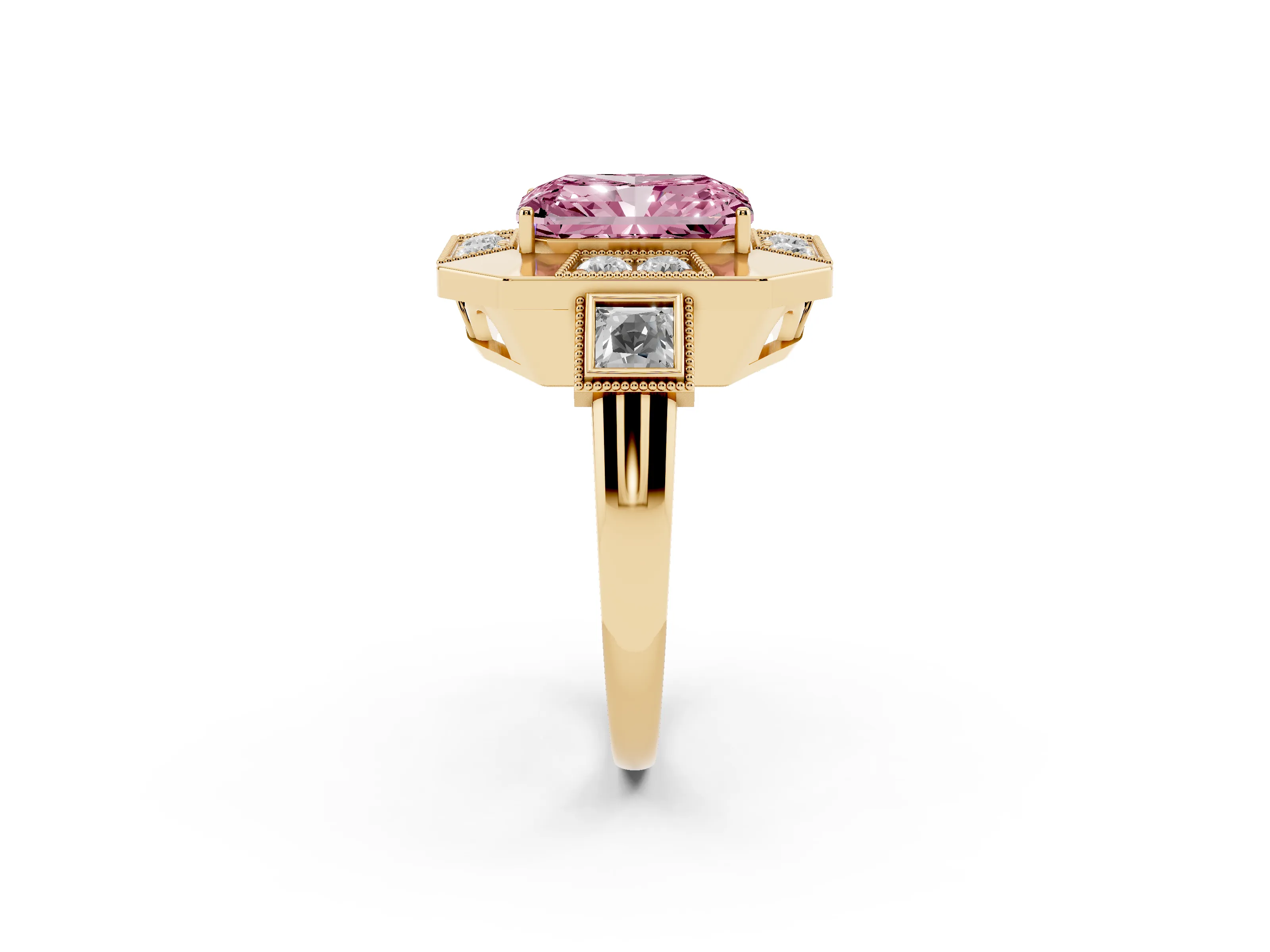 Fancy Pink Radiant Cut Diamond Milgrain Halo Ring Set in Yellow gold with Split Shank