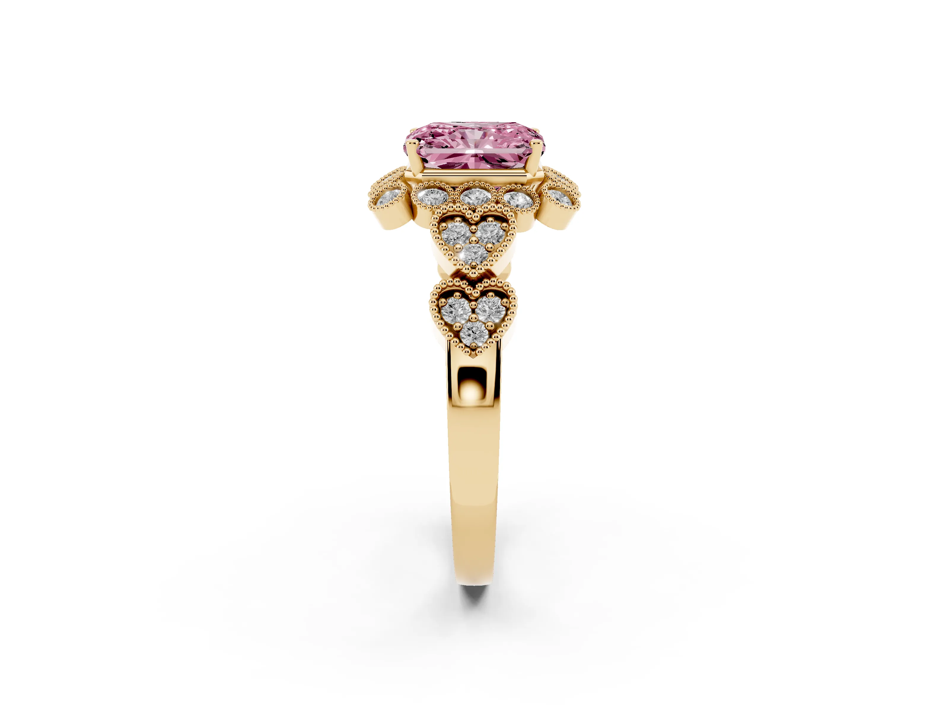 Fancy Pink Radiant Cut Diamond Solitaire Ring Set in Yellow gold with Milgrain Pavé Heart Band
