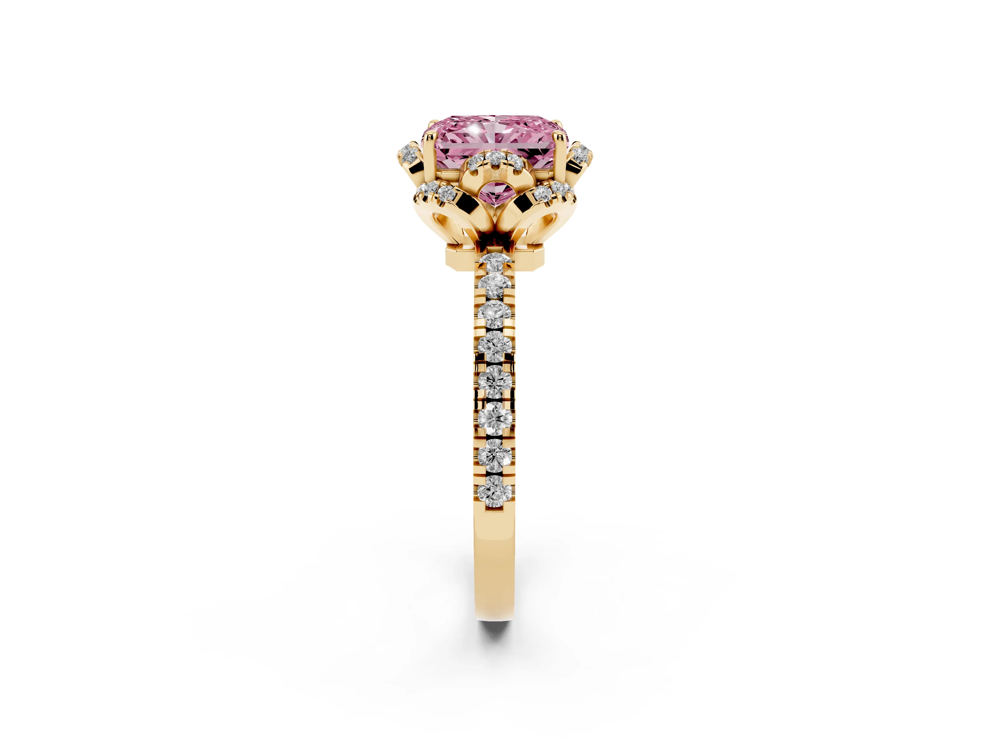 Fancy Pink Radiant Cut Diamond Halo Pavé Band Ring Set in Yellow gold with Prong-Held Center