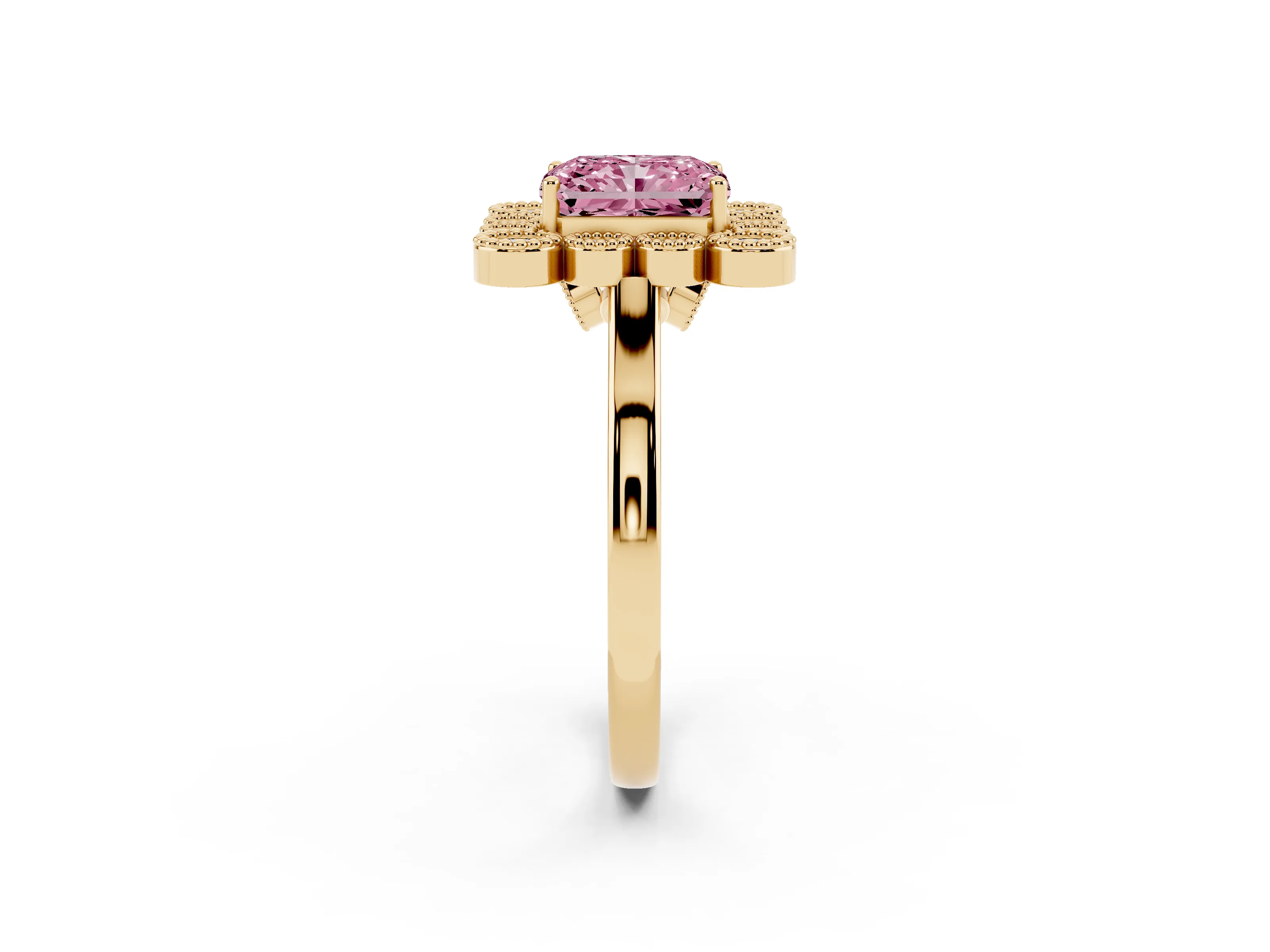 Fancy Pink Radiant Cut Diamond Cluster Halo Ring Set in Yellow gold with Milgrain Bezel Accents and Plain Band