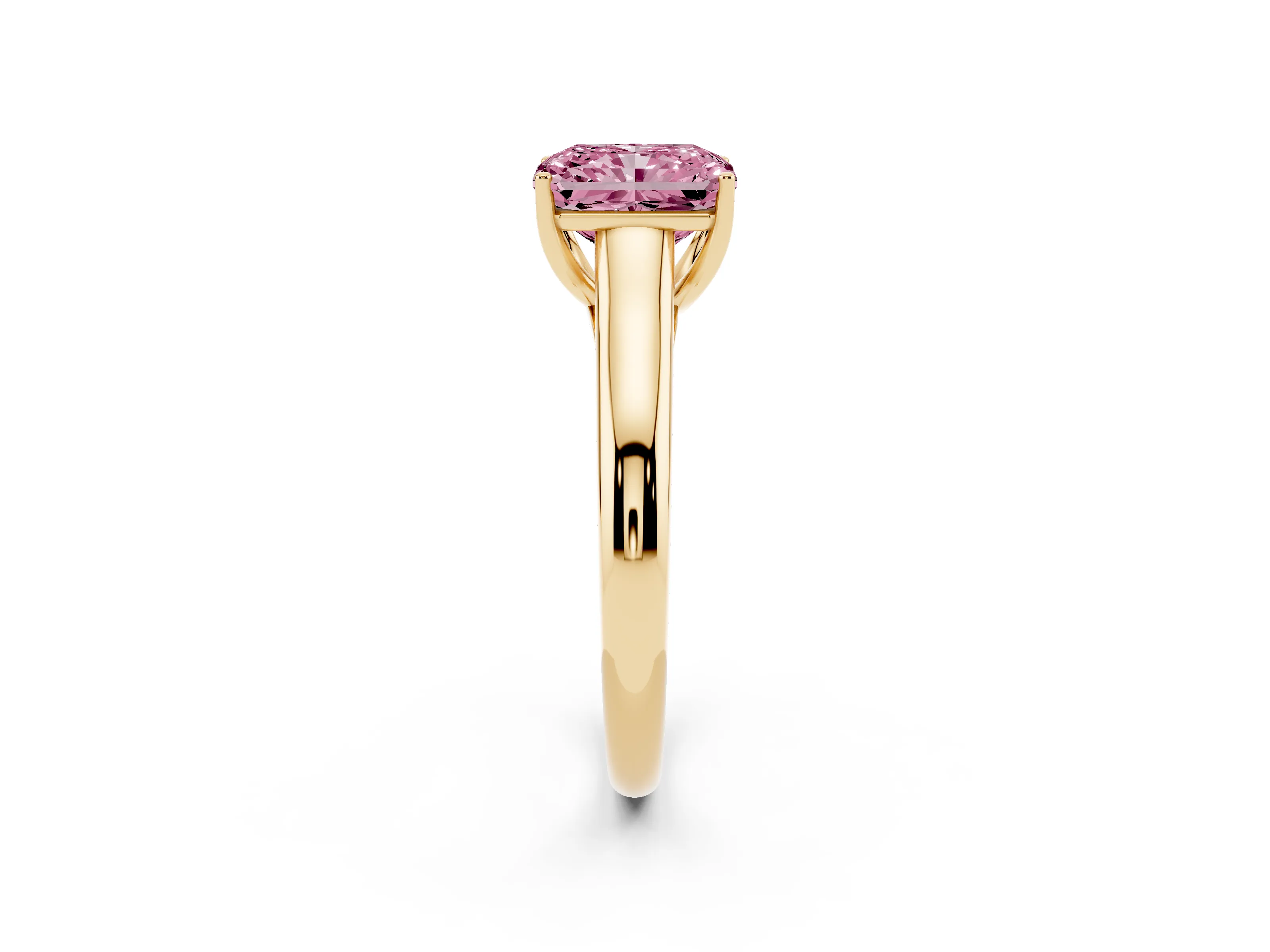 Fancy Pink Radiant Cut Diamond Solitaire Engagement Ring Set in Yellow gold with Subtly Tapered Band and Prong Setting
