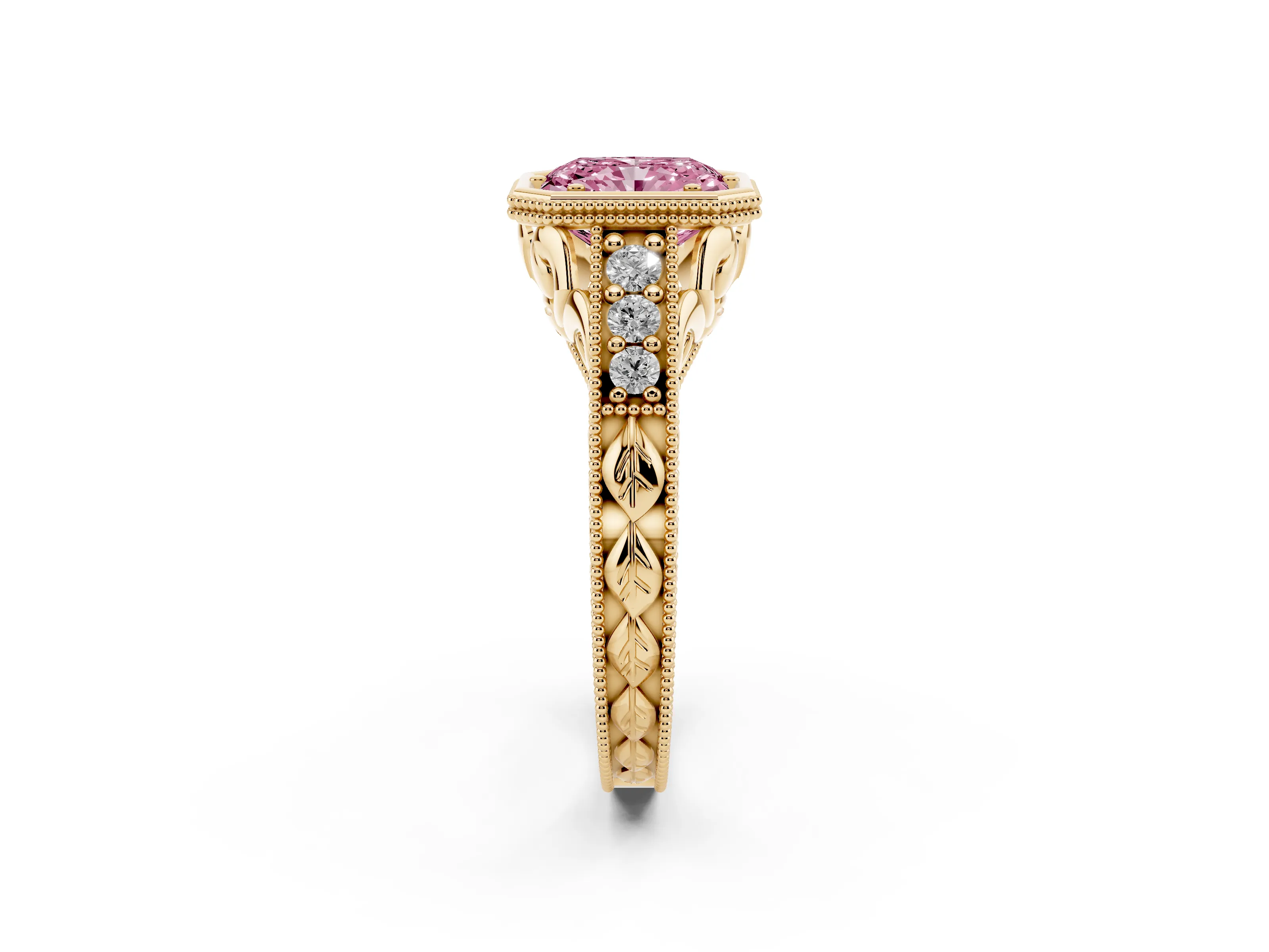 Fancy Pink Bezel Set Radiant Cut Diamond Milgrain Pavé Engagement Ring Set in Yellow gold