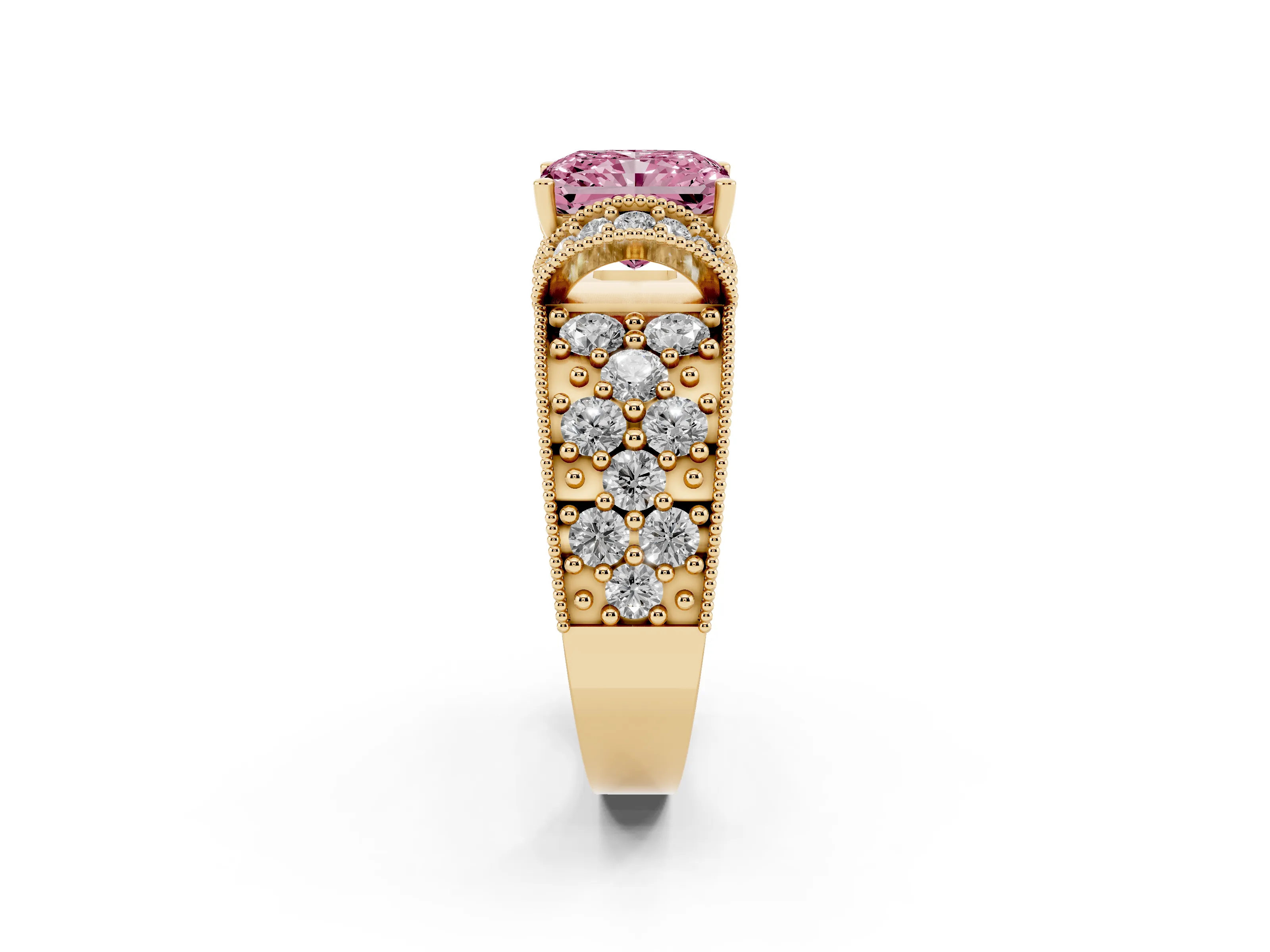 Fancy Pink Radiant Cut Diamond Milgrain Halo Pavé Engagement Ring Set in Yellow gold with Prong Setting