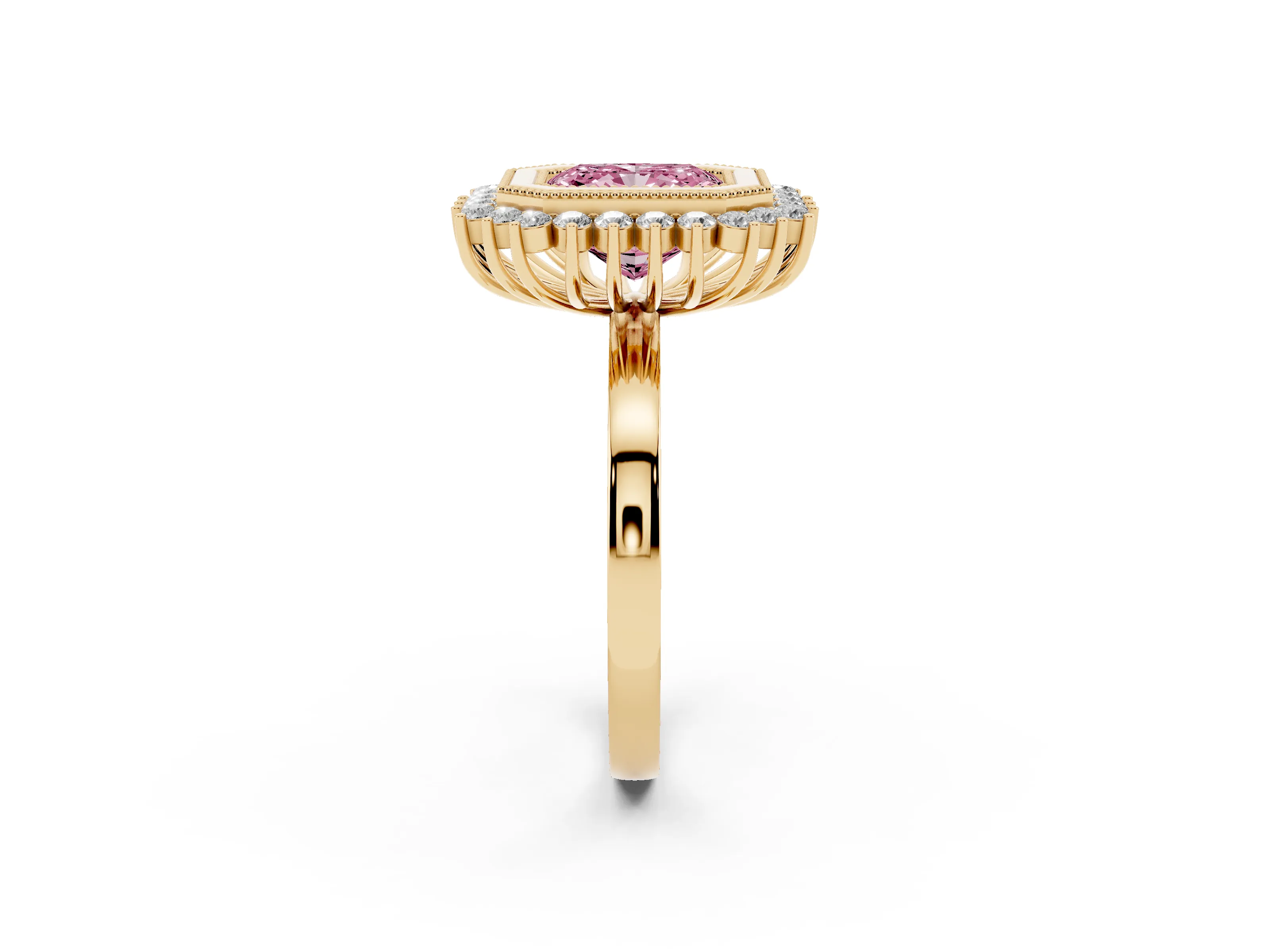 Fancy Pink Radiant Cut Diamond Halo Ring Set in Yellow gold with Milgrain Edge and Round Prong Setting