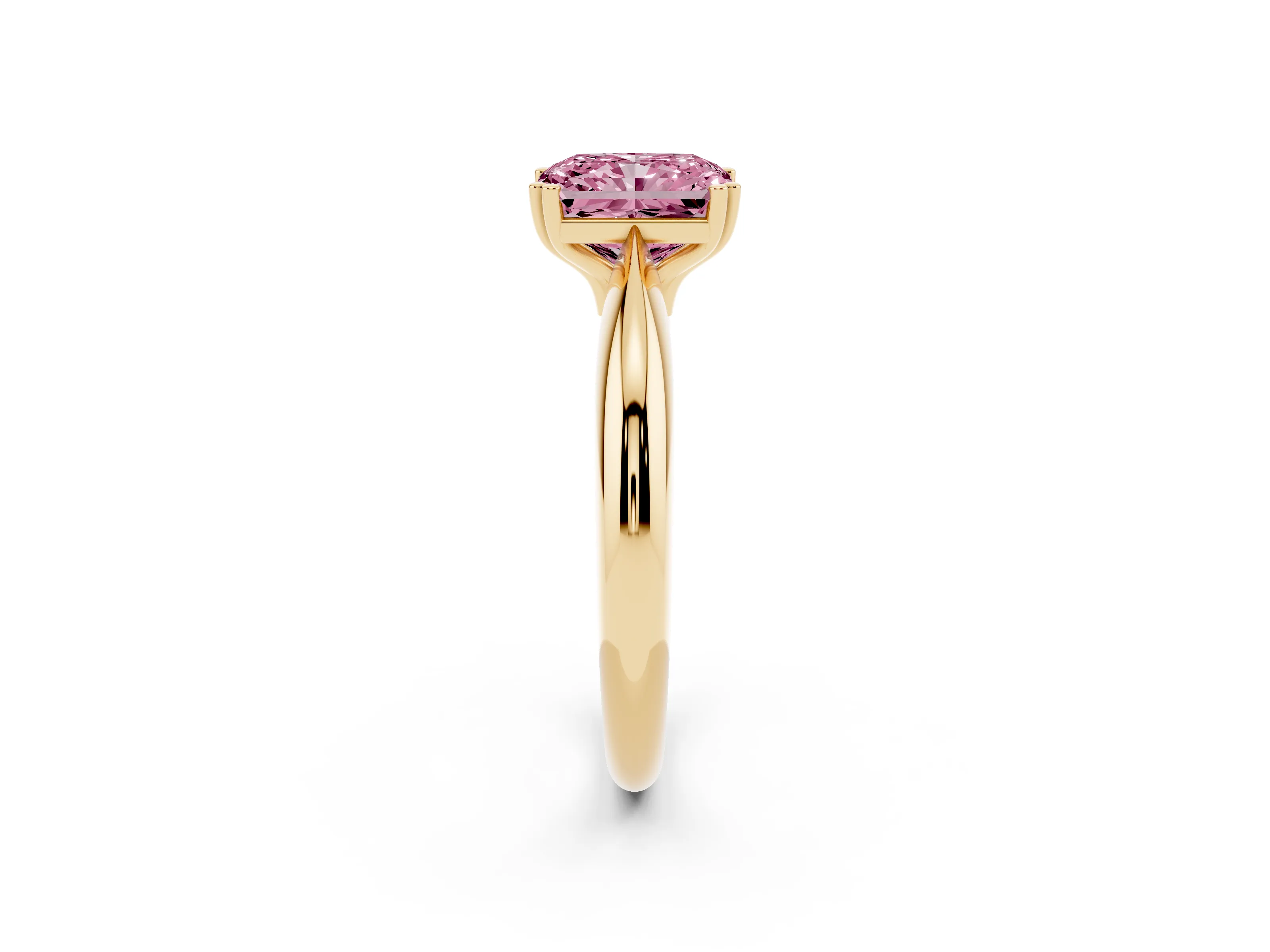 Fancy Pink Radiant Cut Diamond Solitaire Engagement Ring Set in Yellow gold with Tapered Band and Prong Setting
