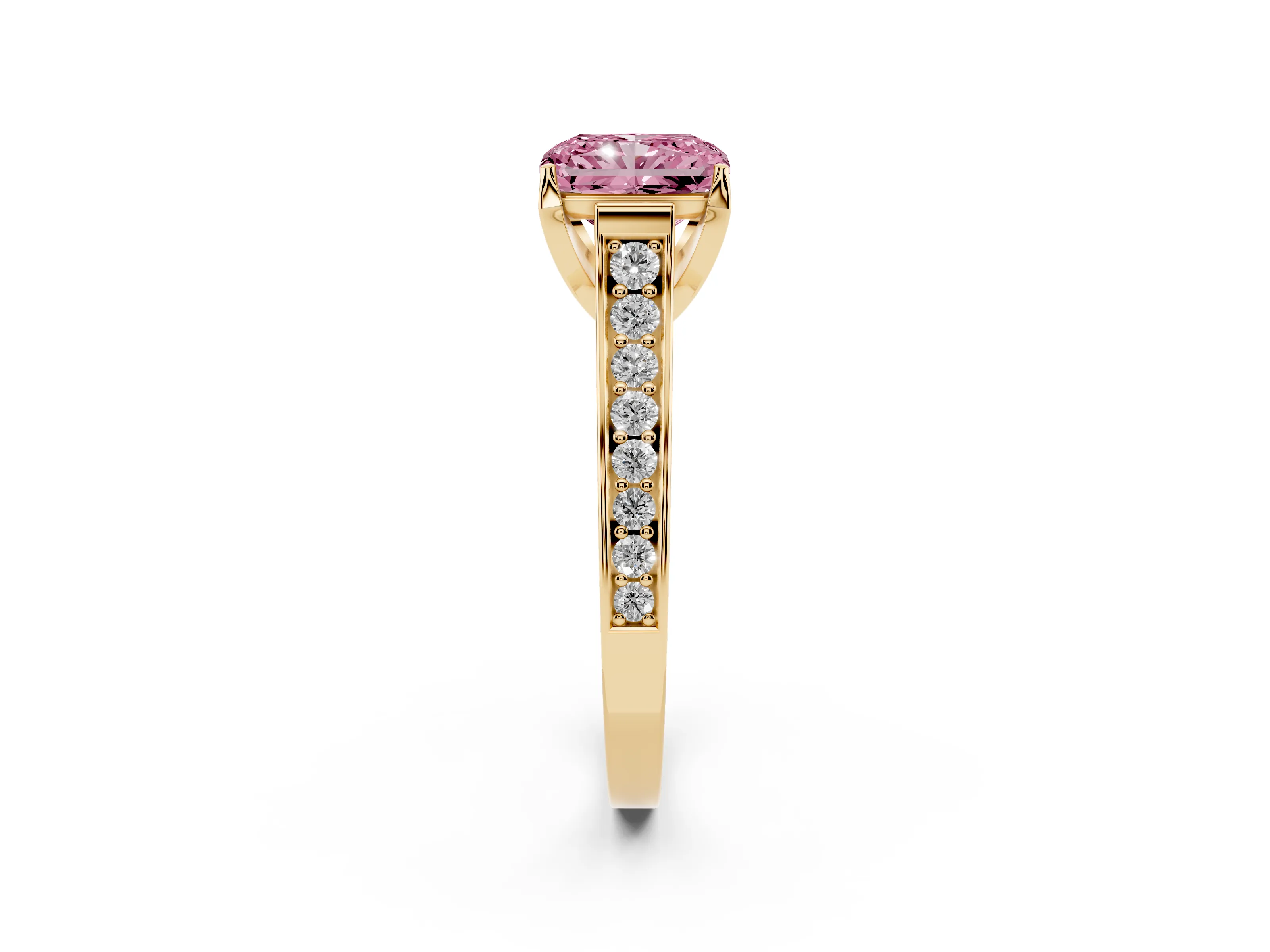 Fancy Pink Radiant Cut Diamond Solitaire Pavé Engagement Ring Set in Yellow gold with Prong Setting