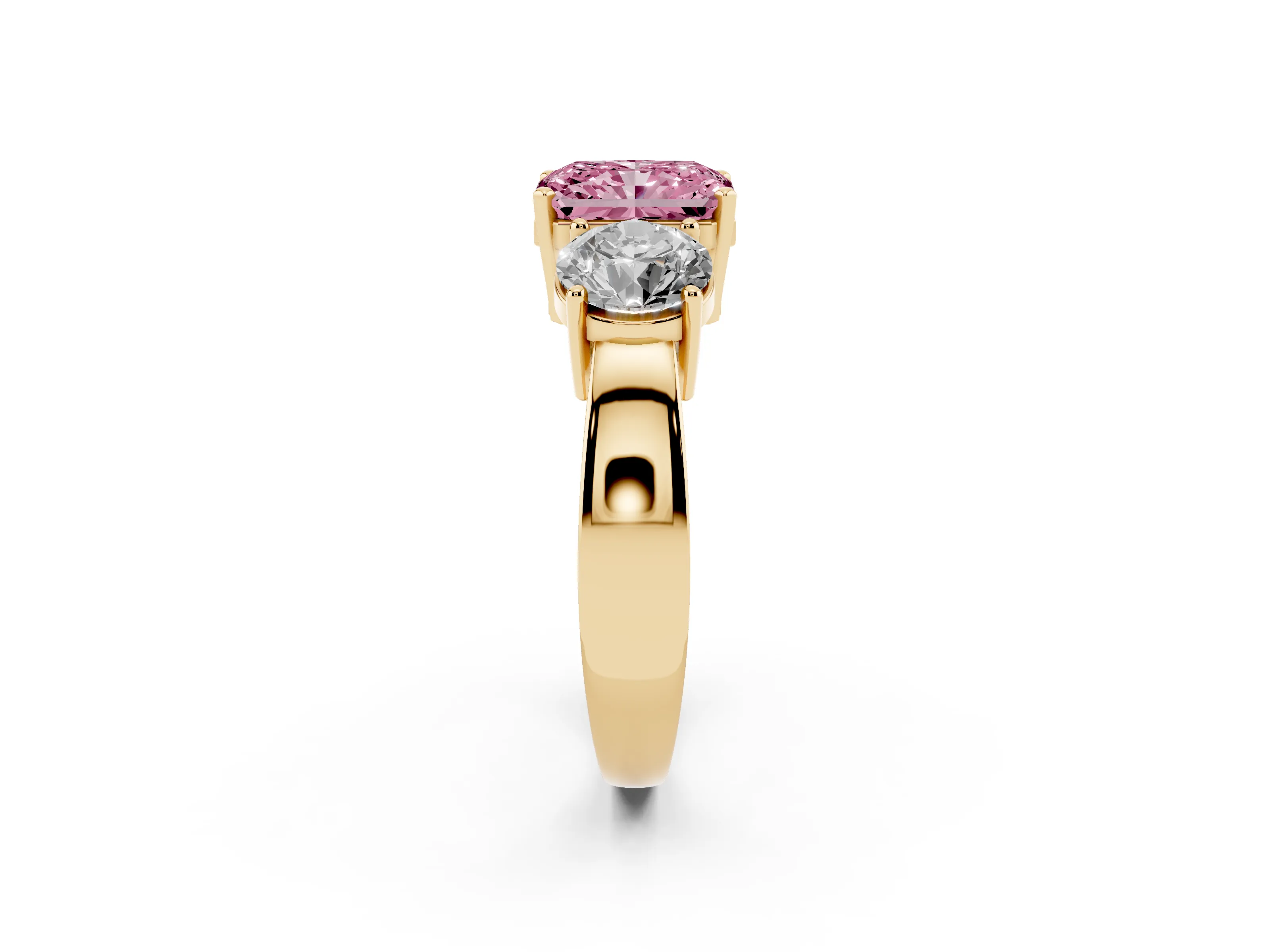 Fancy Pink Radiant Cut Diamond Three-Stone Ring Set in Yellow gold with Round Side Stones and Classic Band