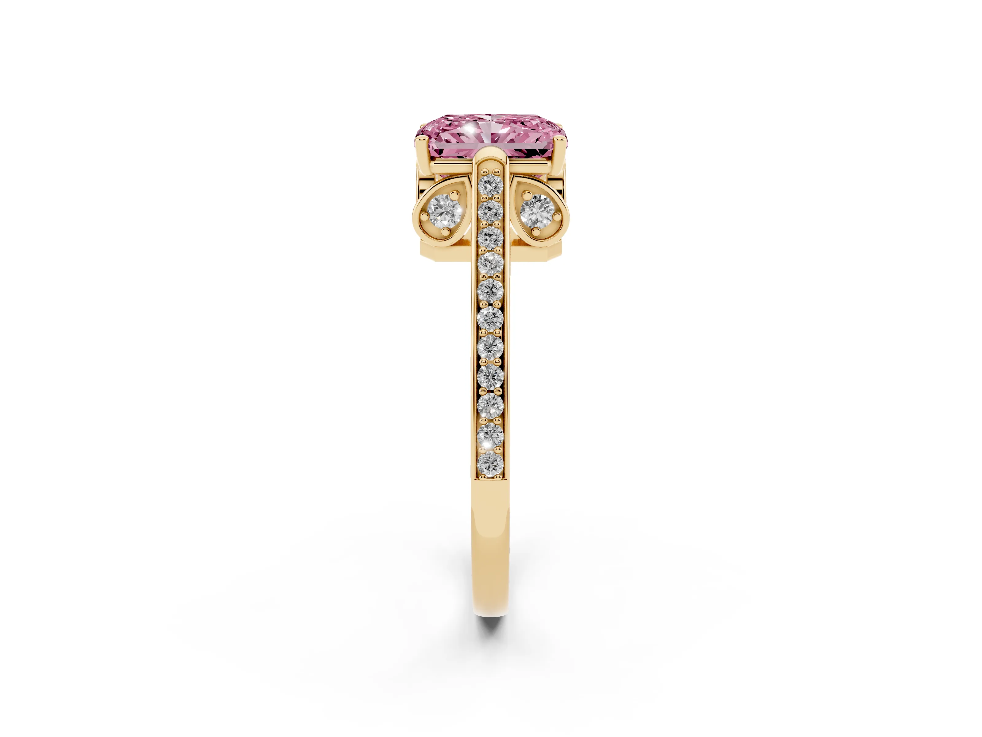 Fancy Pink Radiant Cut Diamond Cathedral Pavé Engagement Ring Set in Yellow gold with Prong Setting