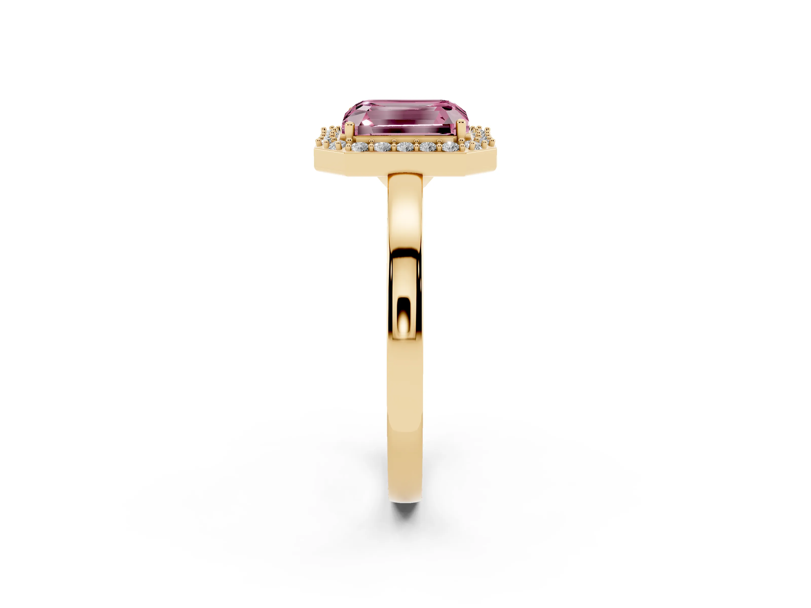 Fancy Pink Radiant Cut Diamond Halo Ring Set in Yellow gold with Solitaire Band and Prong Setting