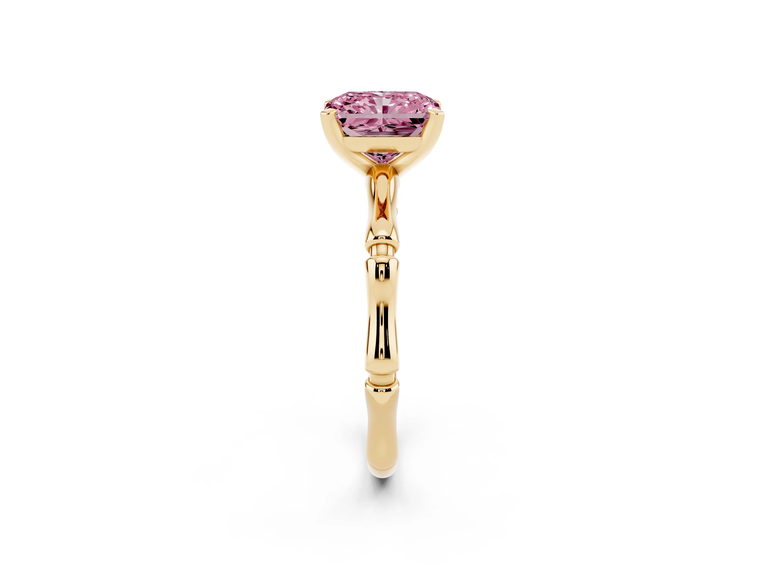 Fancy Pink Radiant Cut Diamond Solitaire Ring Set in Yellow gold with Bamboo Band and Prong Setting