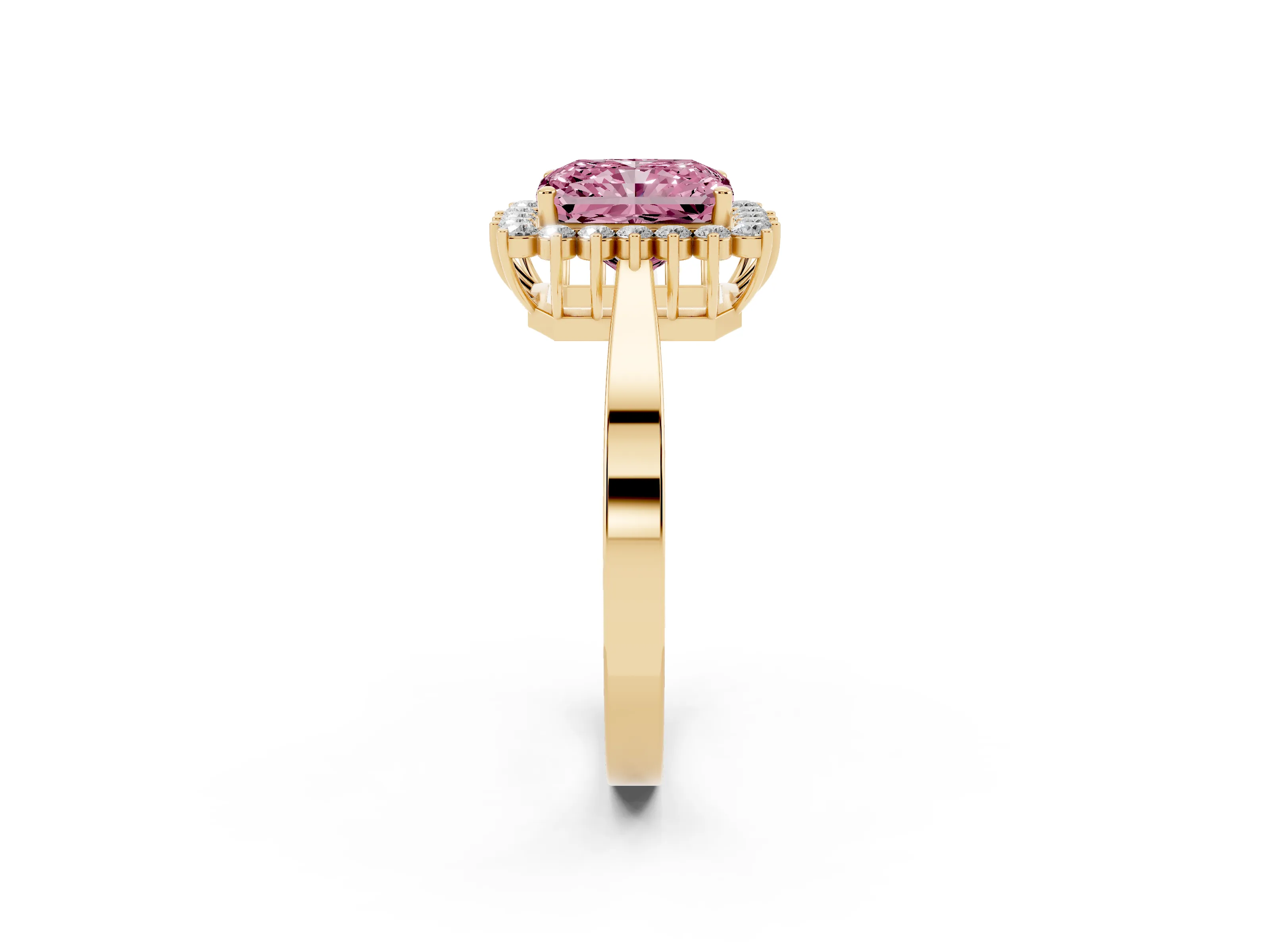 Fancy Pink Radiant Cut Diamond Halo Ring Set in Yellow gold with Round Halo and Smooth Solitaire Band