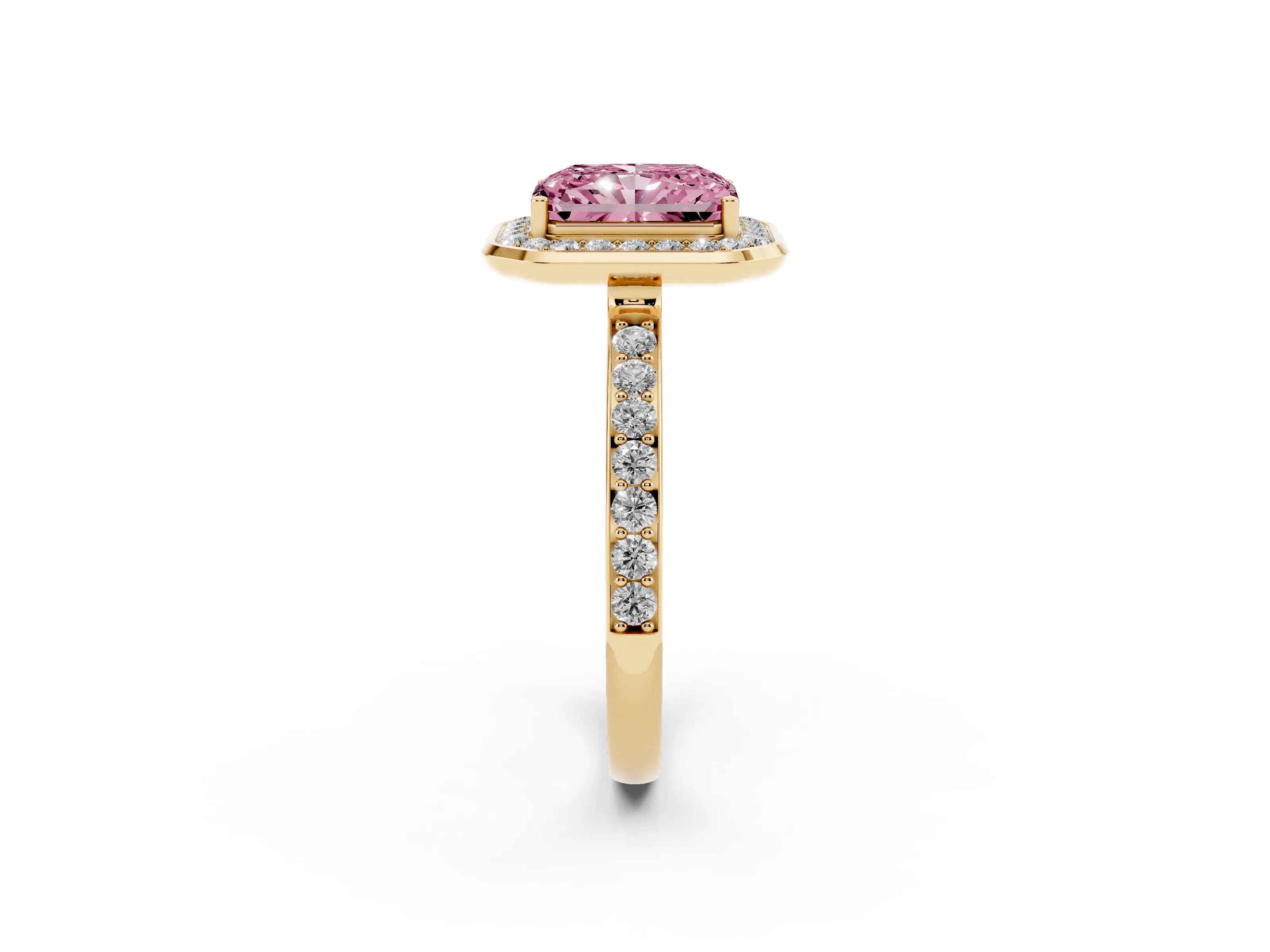 Fancy Pink Radiant Cut Diamond Halo Ring Set in Yellow gold with Bezel Frame and Pavé Band