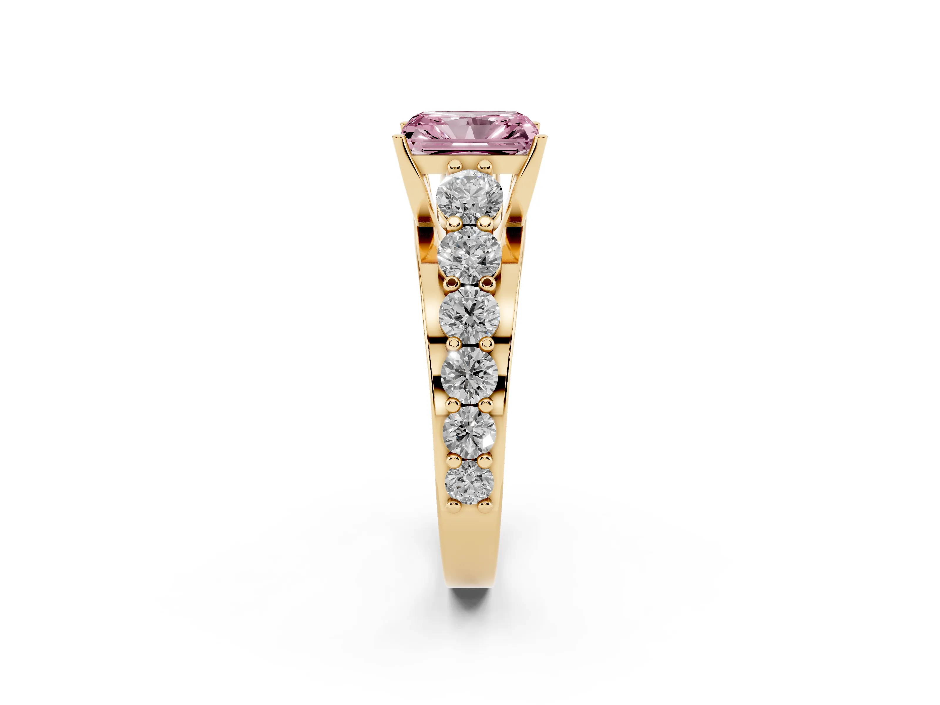 Fancy Pink Radiant Cut Diamond Pavé Engagement Ring Set in Yellow gold with Prong Setting