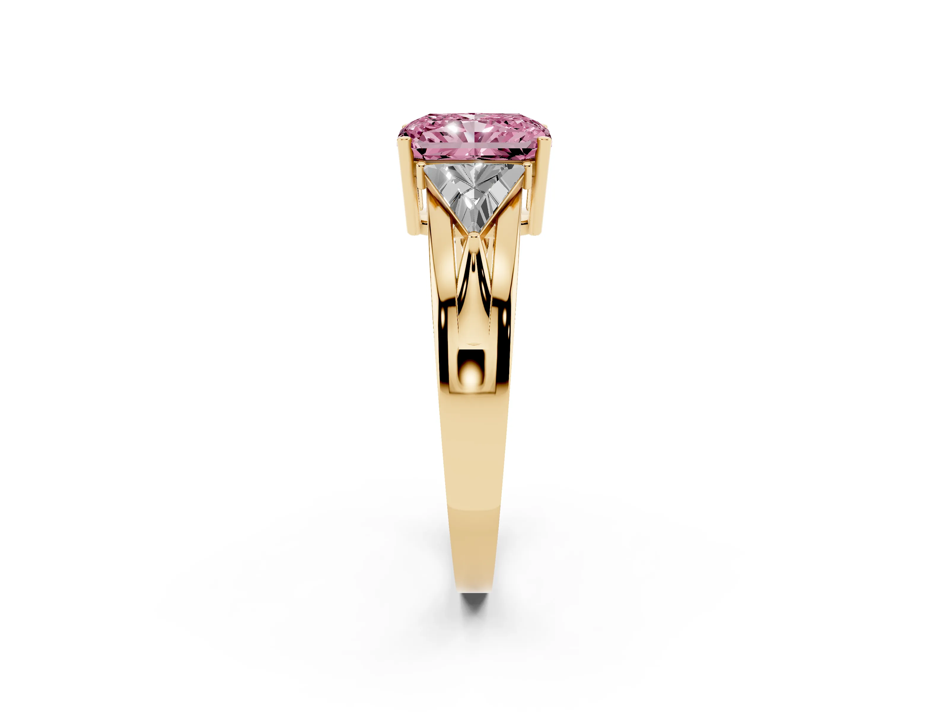Fancy Pink Radiant Cut Diamond Three-Stone Ring Set in Yellow gold with Trillion Side Stones and Split Shank
