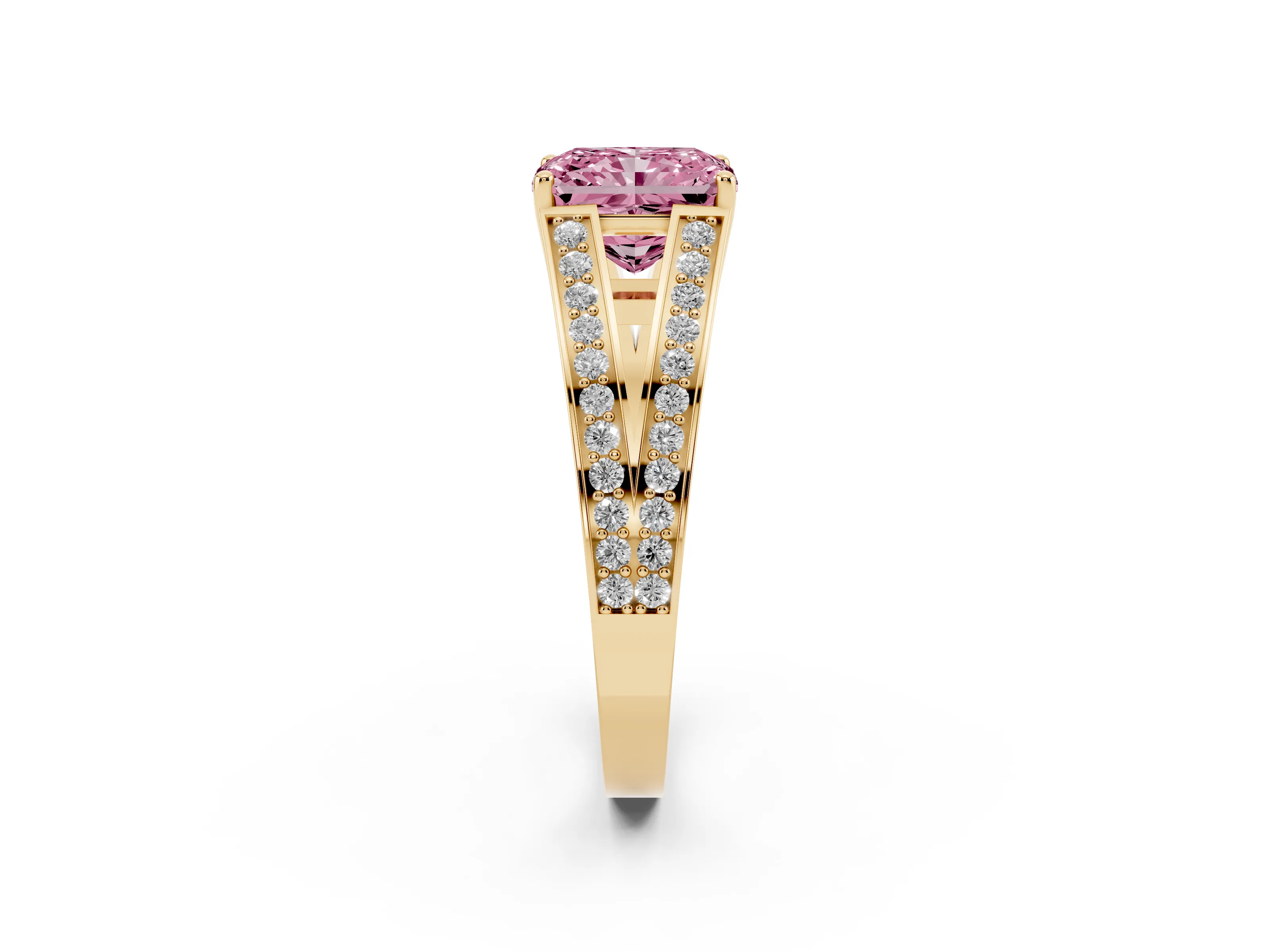 Fancy Pink Radiant Cut Diamond Split Shank Ring Set in Yellow gold with Pavé Band and Prong Setting