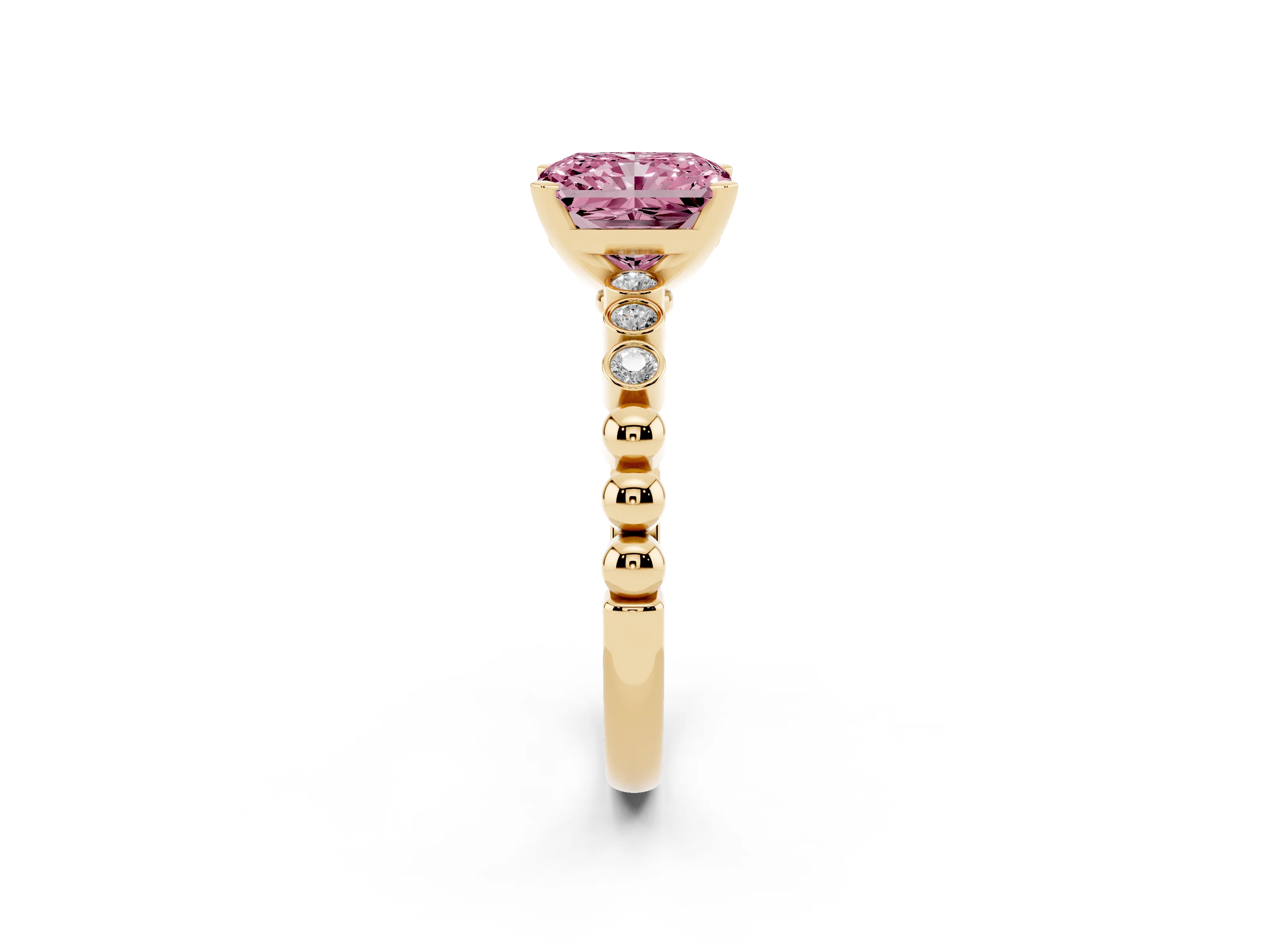 Fancy Pink Radiant Cut Diamond Solitaire Engagement Ring Set in Yellow gold with Bezel Accents on Beaded Band