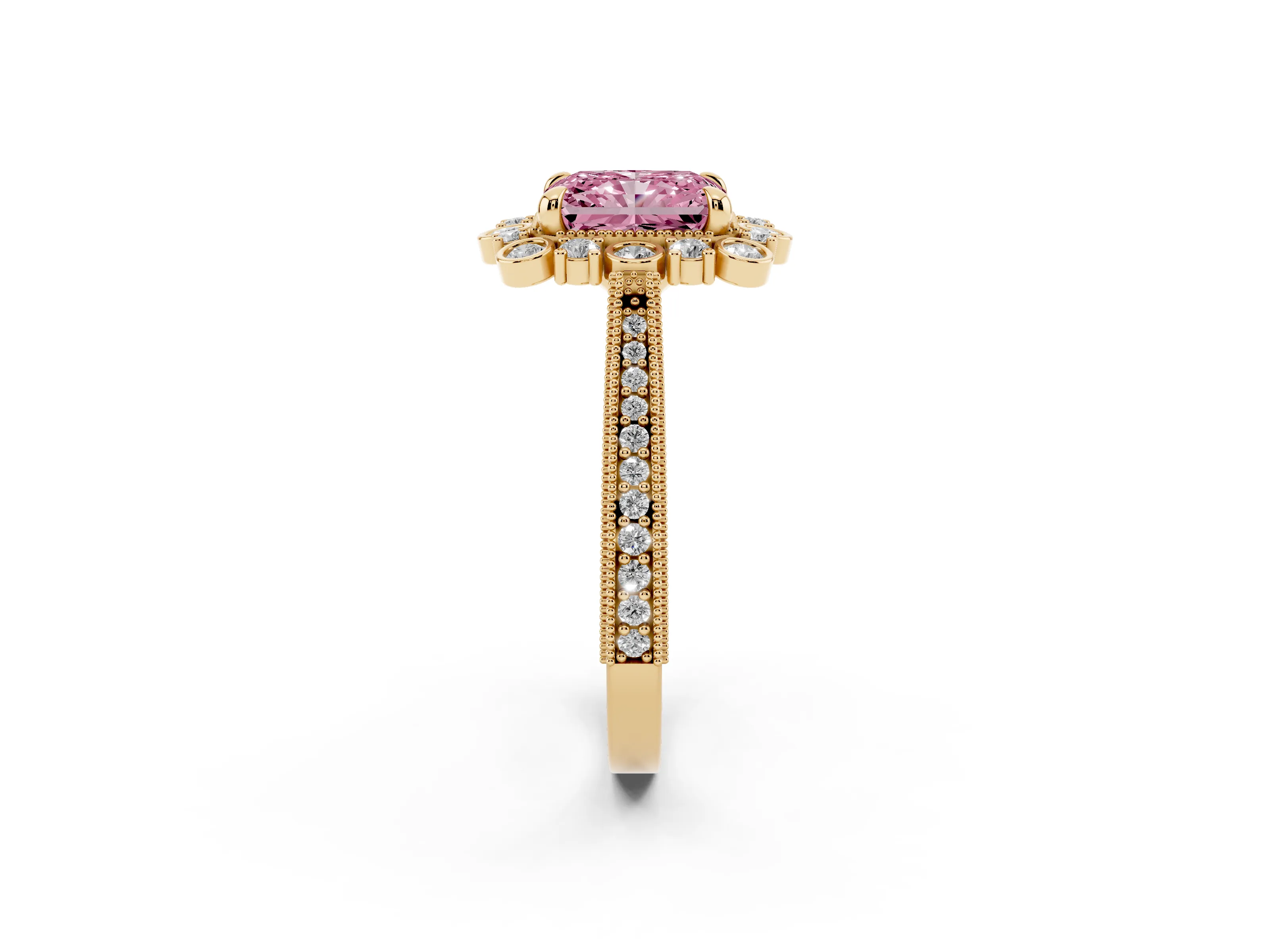 Fancy Pink Radiant Cut Diamond Halo Milgrain Pavé Ring Set in Yellow gold with Prong Setting