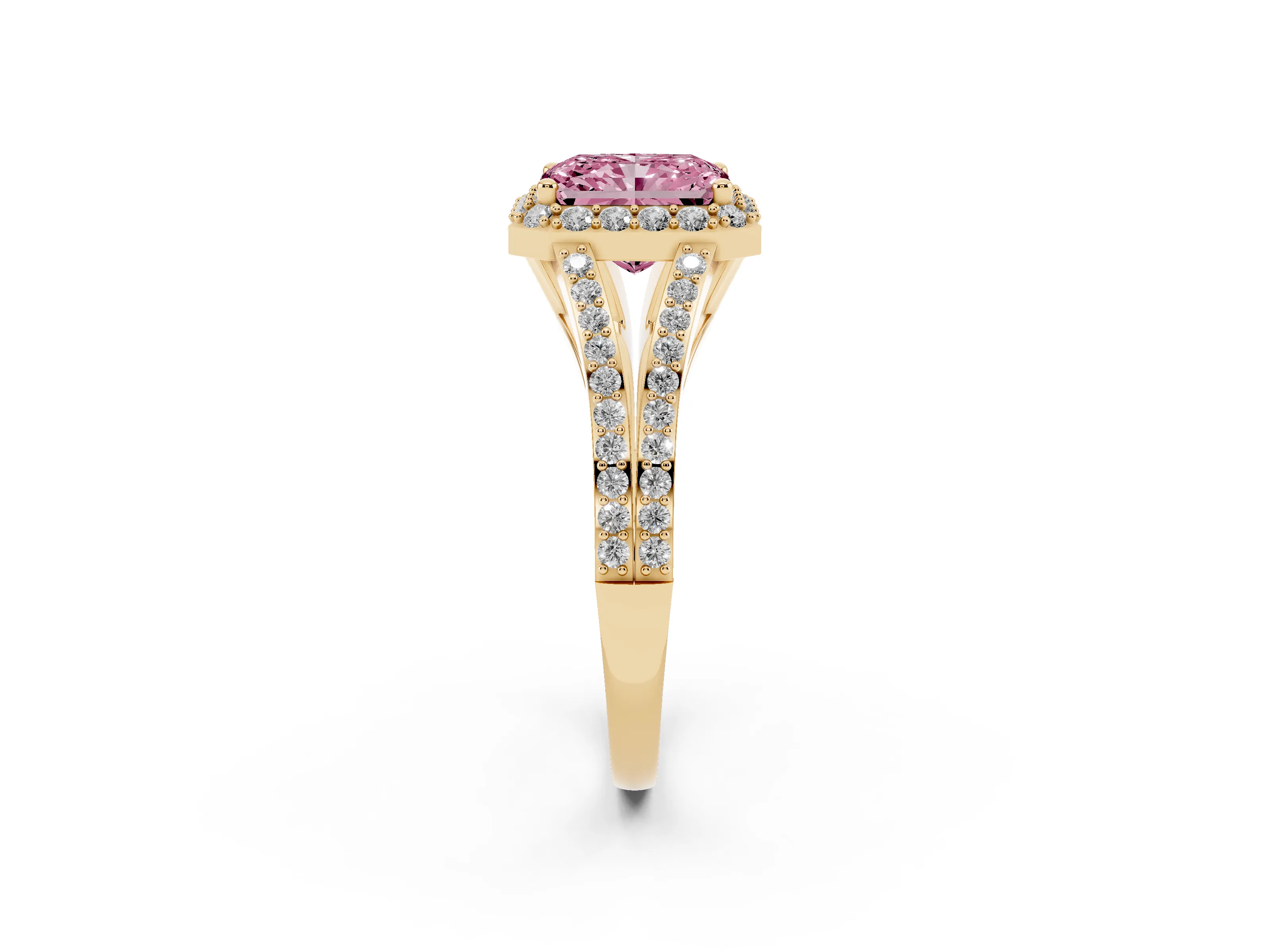 Fancy Pink Radiant Cut Diamond Halo Split Shank Pavé Ring Set in Yellow gold with Prong Setting